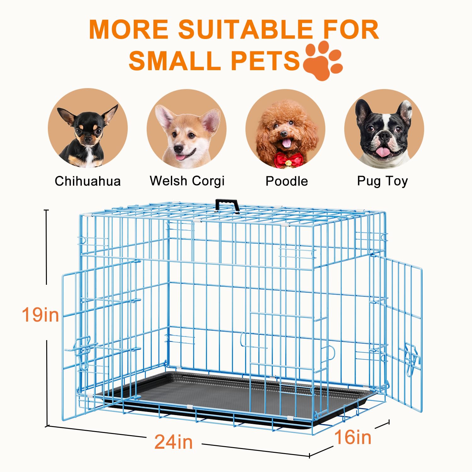 FDW 24inch Dog Crate Pet Cage with Metal Folding Design Plastic Tray Indoor Outdoor Dog Kennel Cage for Small Dogs,Blue