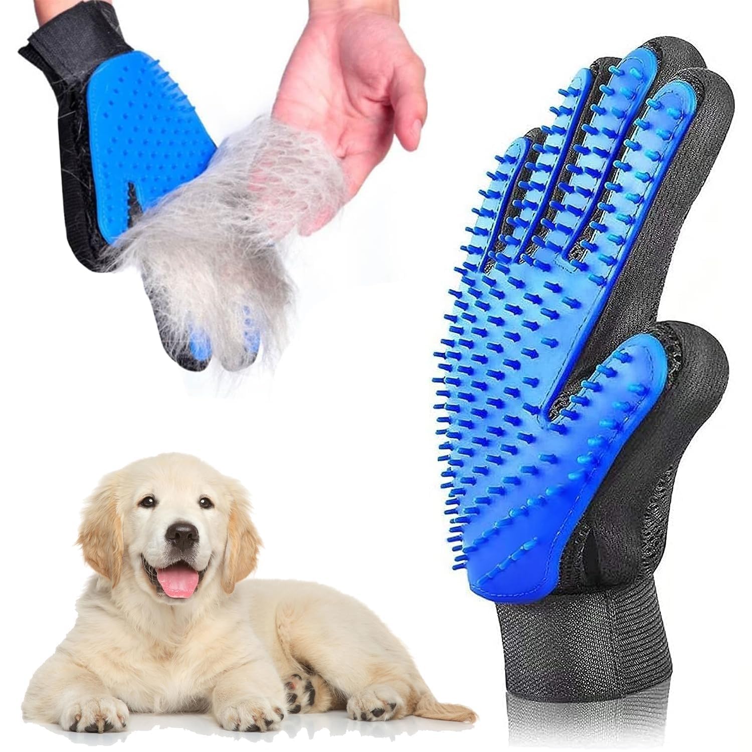 Veemok 1. Pet Grooming Glove Hair Remover  (Blue) Deshedding & Bathing Massage Mitt With 5Finger Design, Adjustable Strap  Ge