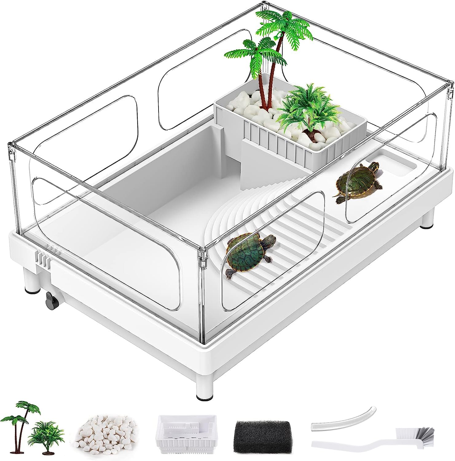 Moonorange Small Turtle Tank, Aquarium, Acrylic Terrarium With Basking Platform, Bottom Drainage, Multi-Function Areas For Turtl