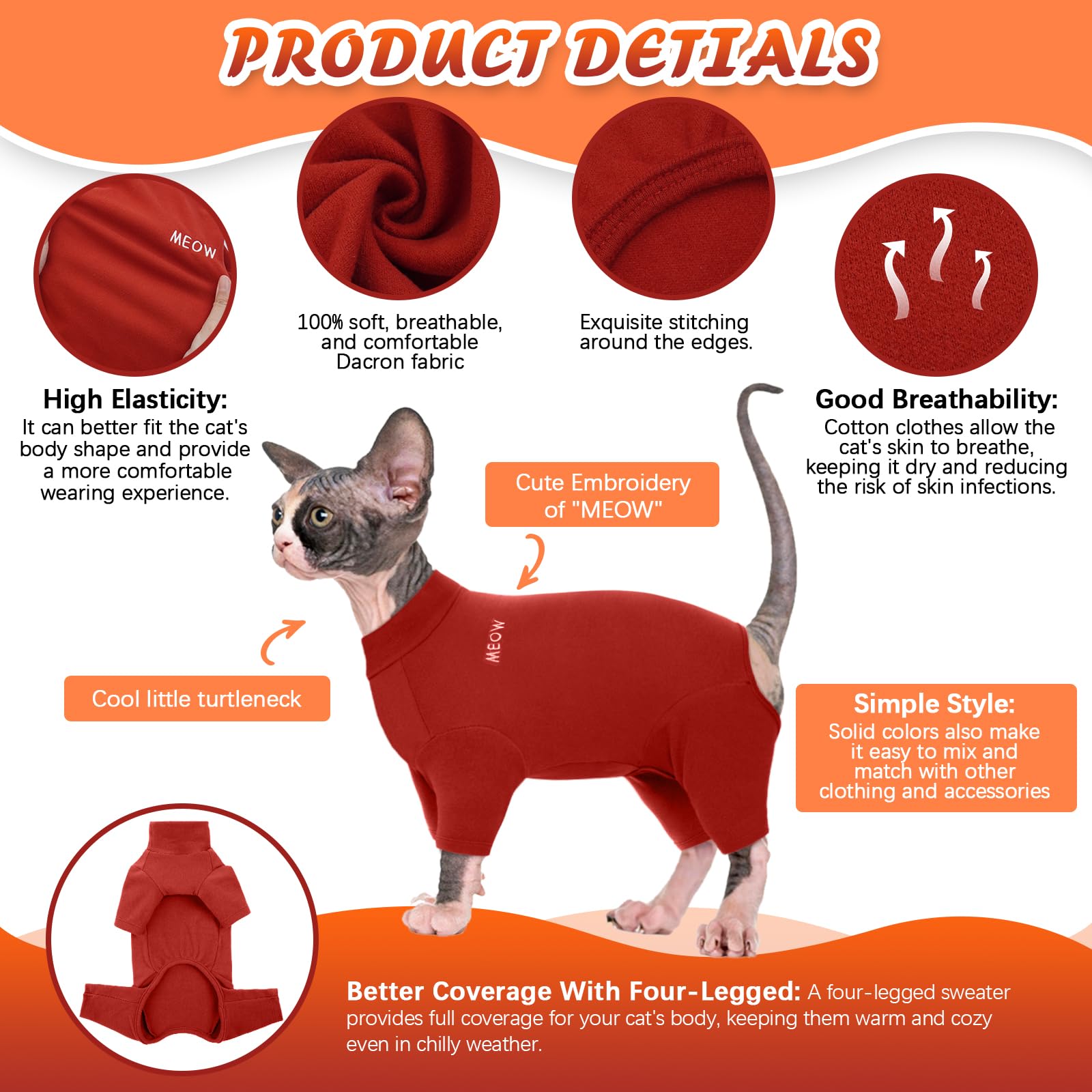 Rozkitch Hairless Cat Clothes, Breathable Soft Cat Jumpers For Cats Only, Cat Coat With Four Legs, Warm Cat Sweater Cat T-Shirt