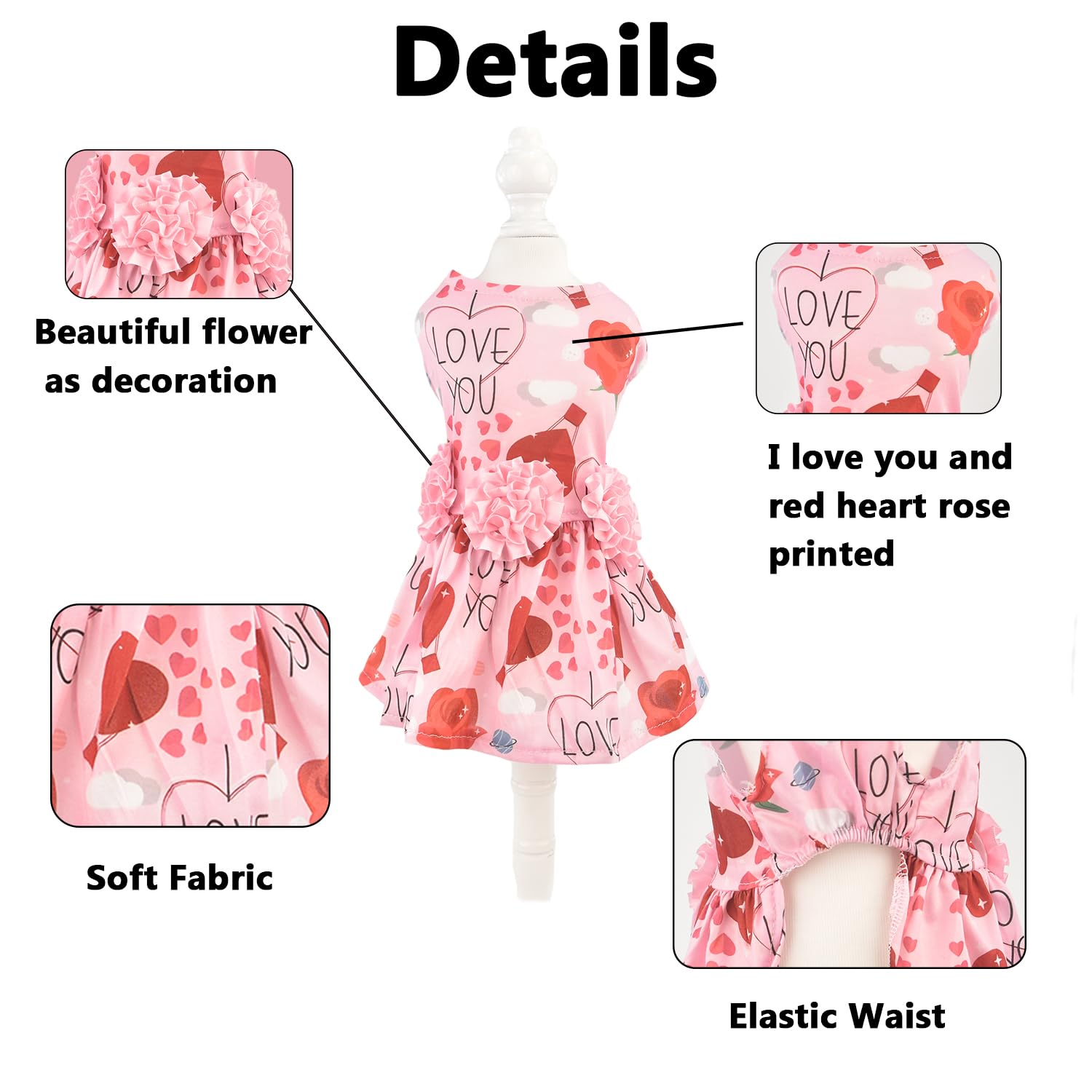 Muyaopet Pink Dog Dress Dog Pet Cat Valentines Clothes Outfit Flower Tutu Skirt Dresses For Small Dogs Cat Girl(I Love You, L)