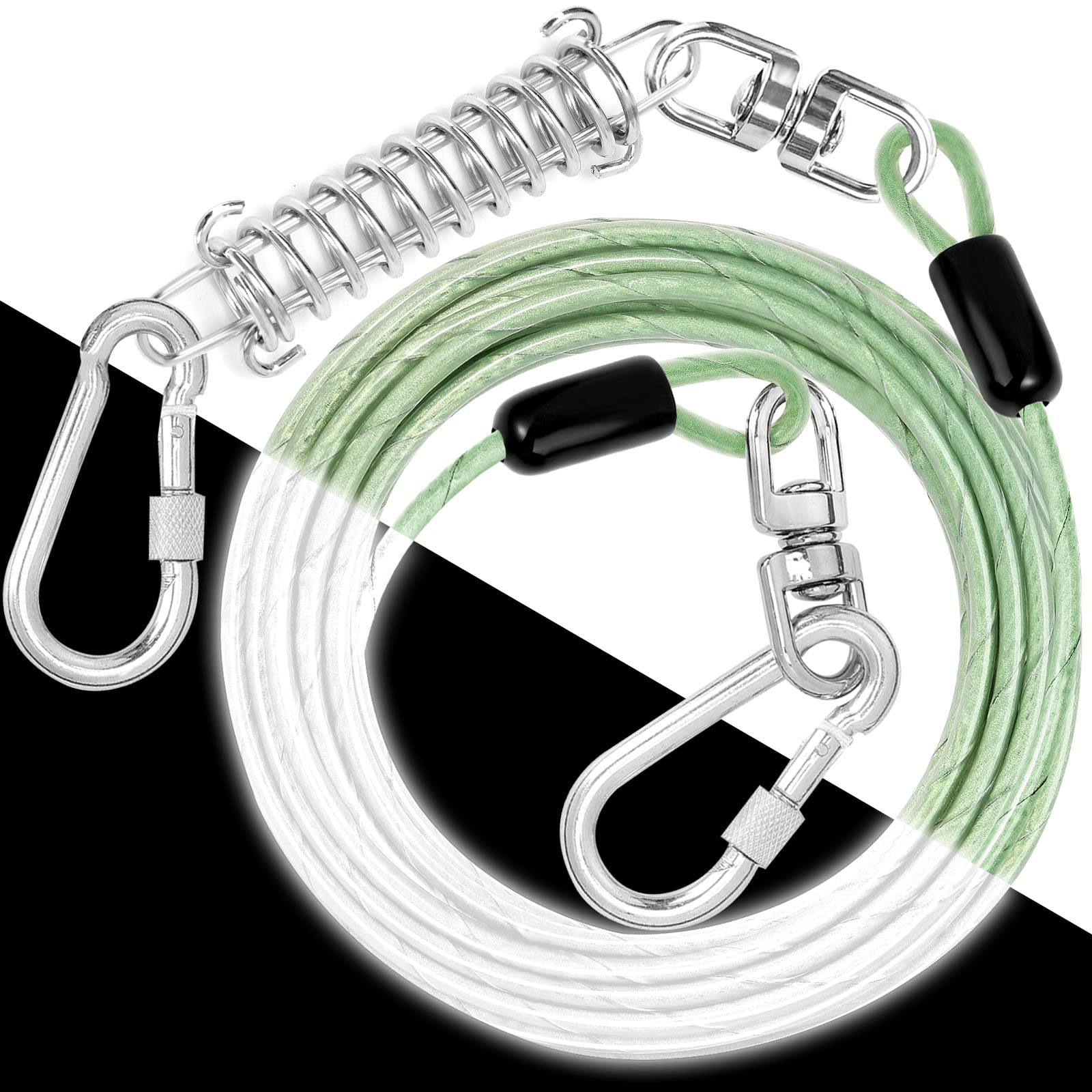 Dog Tie Out Cable: Reflective 30 Ft Heavy Duty Dogs Chain For Outside With Shock Absorbing Spring - Dog Runner Leash For Yard Ca