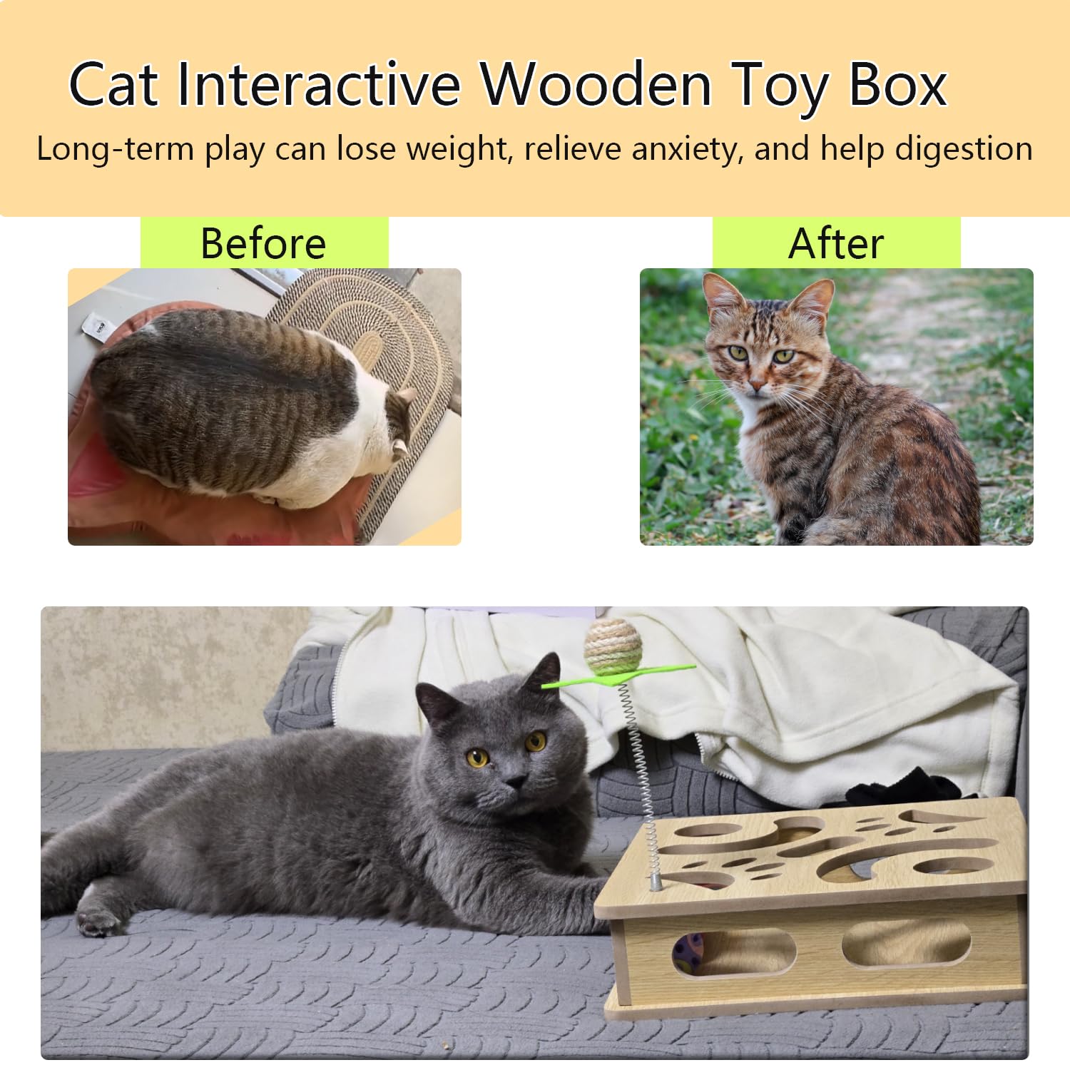 MUCAOL Interactive Wooden Cat Puzzle Toy Box Indoor Hunting Play Toy to Stimulate Your Cats Energy and Instincts (Blue)