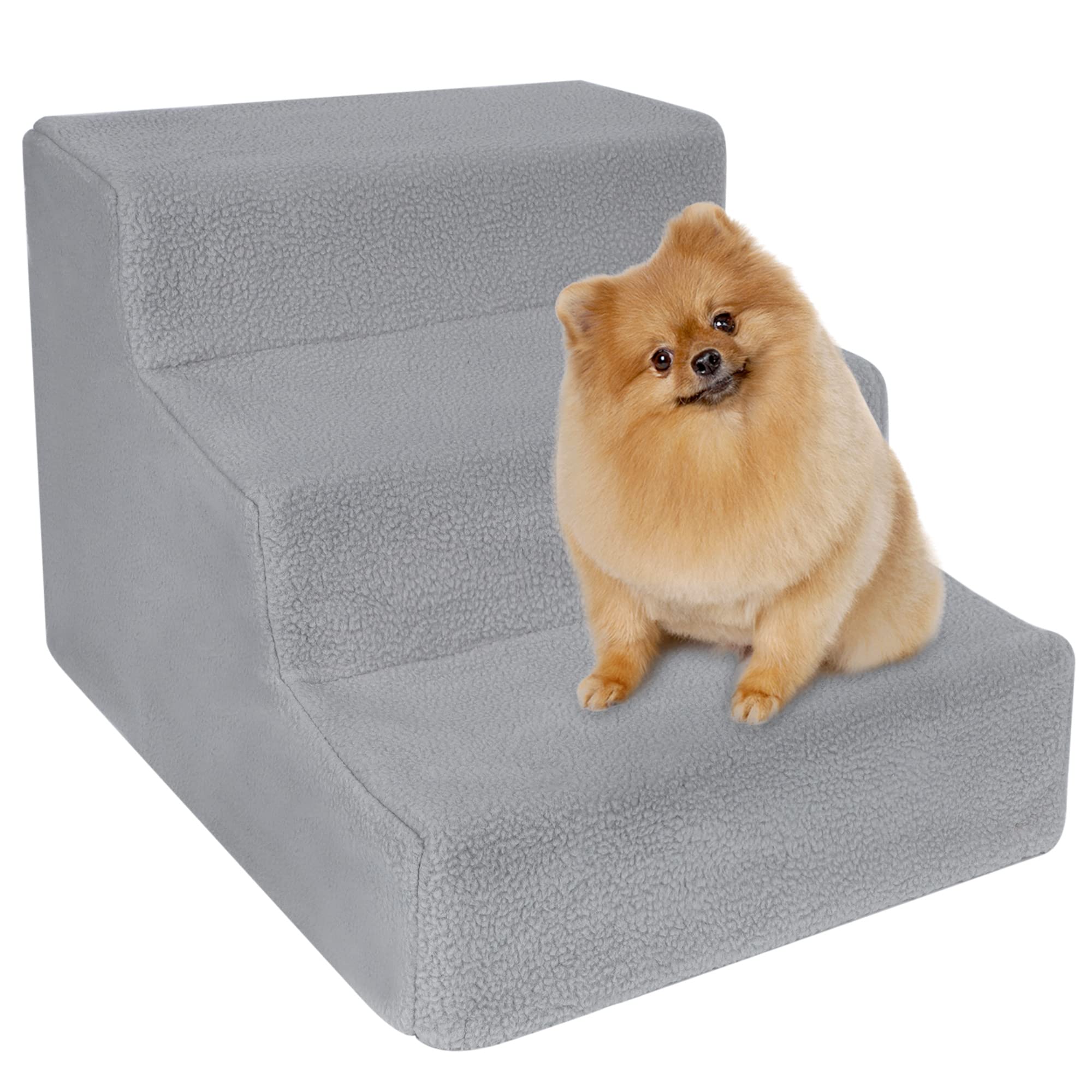 Yofit Doggy Steps - Non-Slip 3 Steps Pet Stairs For Cats And Dogs, Foldable Plastic With Washable Carpet Holds Up To 50 Lbs (Gra