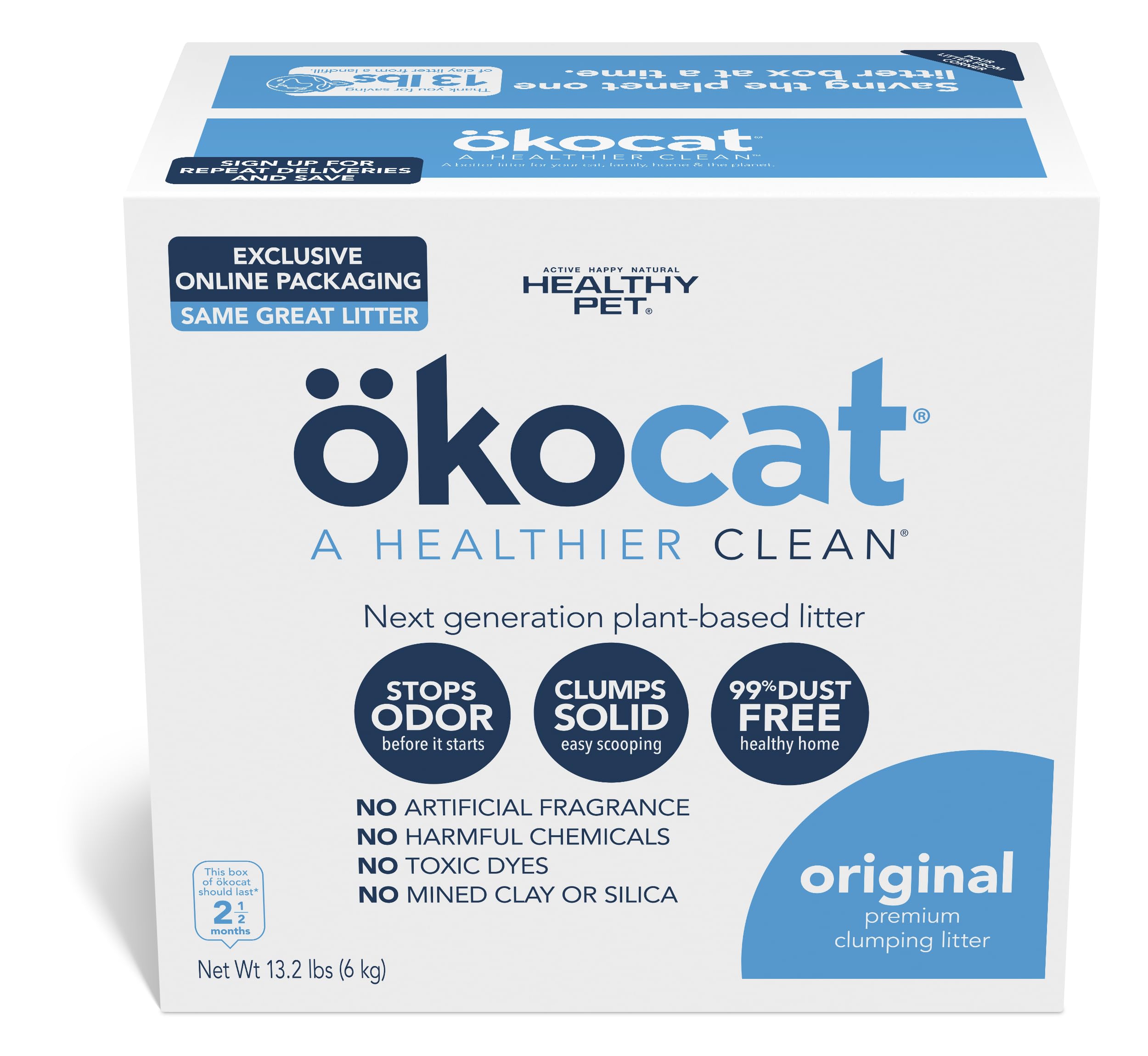 Ökocat Original Wood Clumping Cat Litter, Unscented, 13.2 Pounds - Natural Ingredients, Stops Odor, Clumps Solid, 99% Dust Free, Great For All Cats