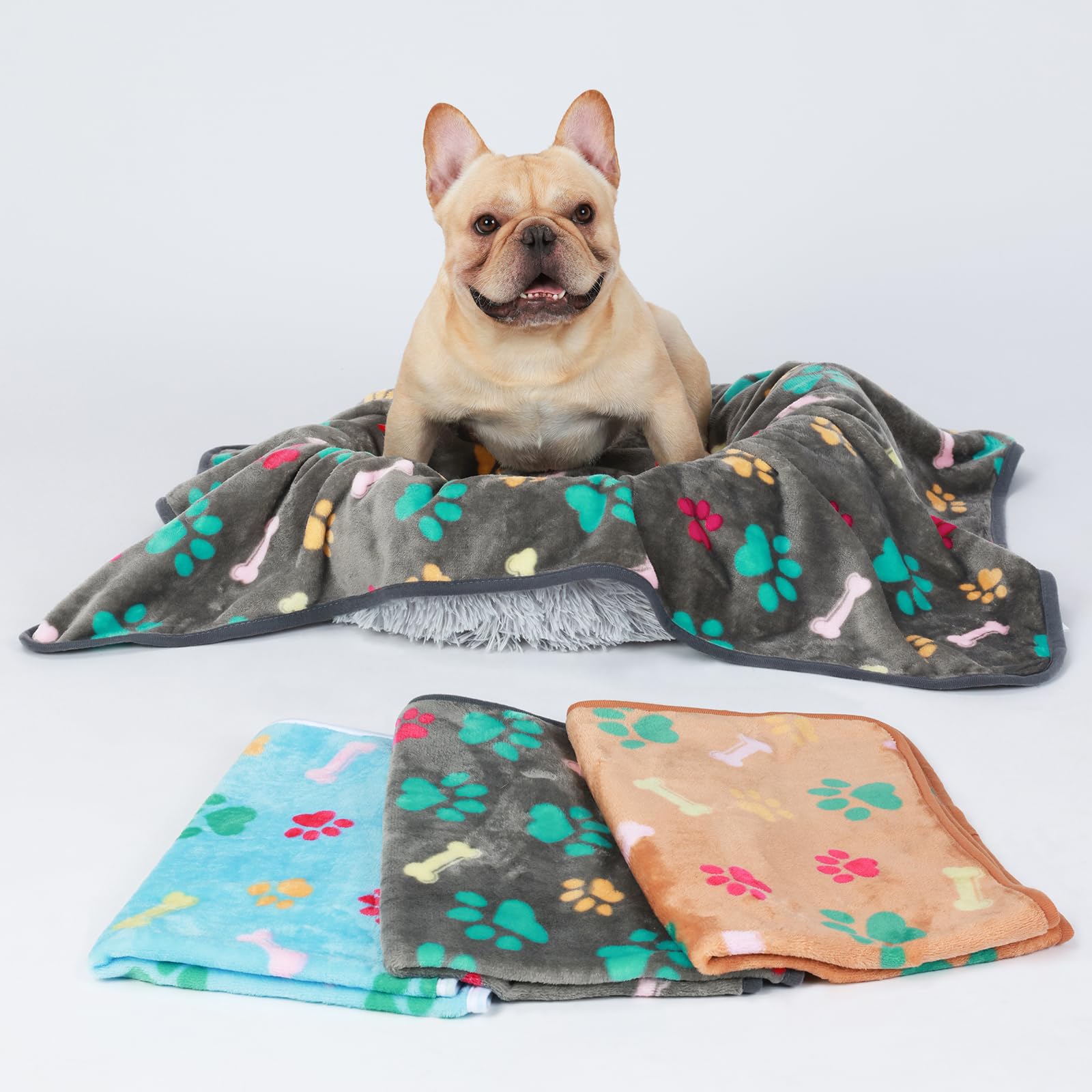 Luciphia 1 Pack 3 Blankets Fluffy Premium Fleece Pet Blanket Flannel Paw Bone Printed Throw For Dog Cat(Medium 30'X20', Khaki/Blue/Navy)