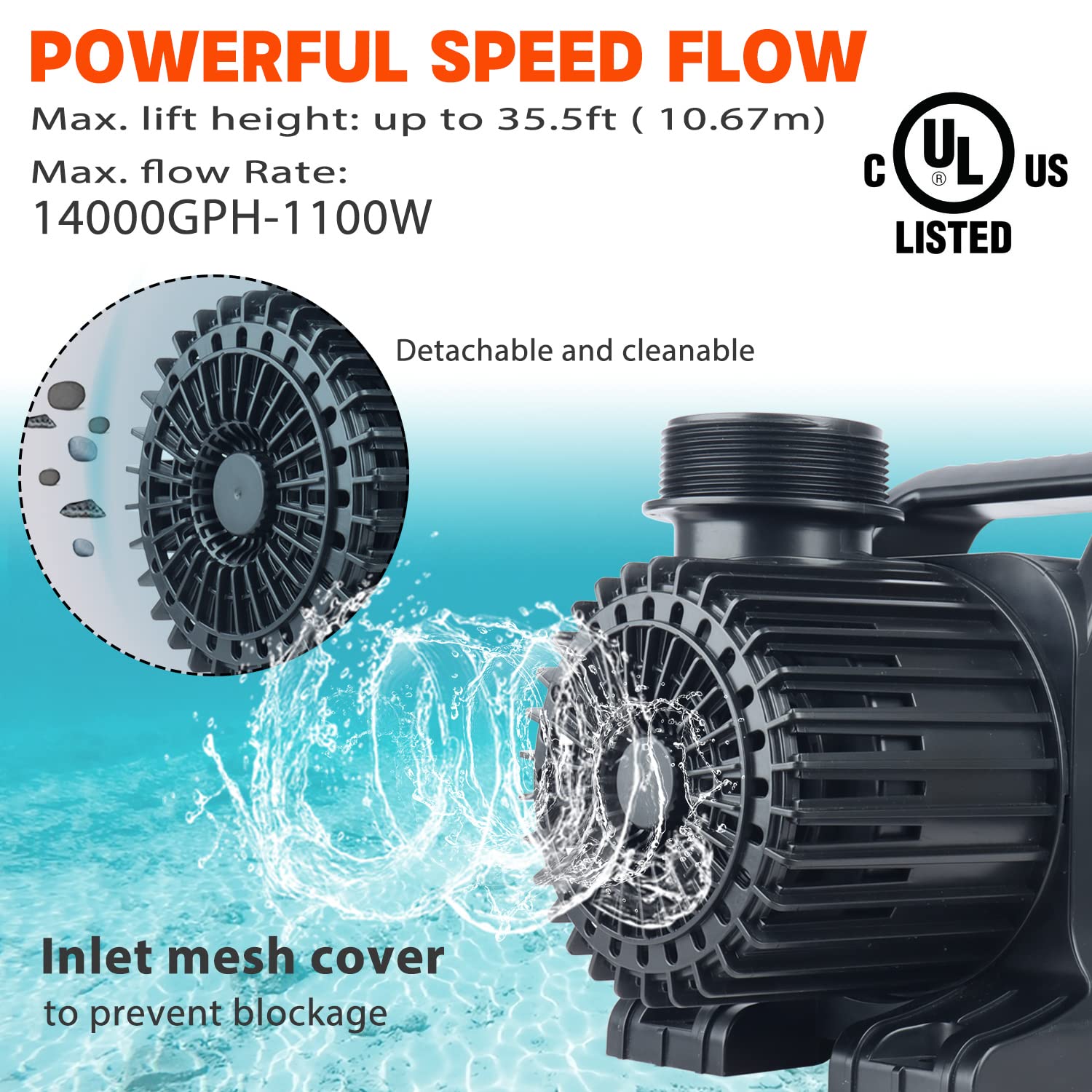 WaterRebirth Submersible Water Pump - 12000GPH, UL Listed, Black, 850W, Ideal for Ponds, Fountains, and Aquariums
