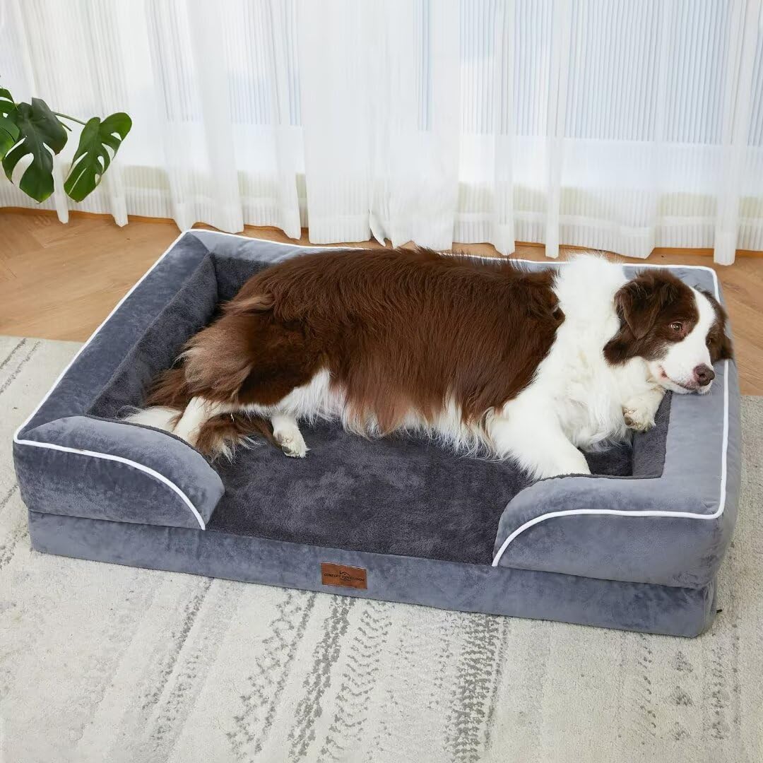 Comfort Expression Cooling Dog Bed, Jumbo Dog Bed For Extra Large Dogs, Memory Foam Orthopedic Dog Bed, Jumbo Breed Dog Bed, Waterproof Dog Bed With Bolster & Removable Cover(Jumbo,Leaden Grey)