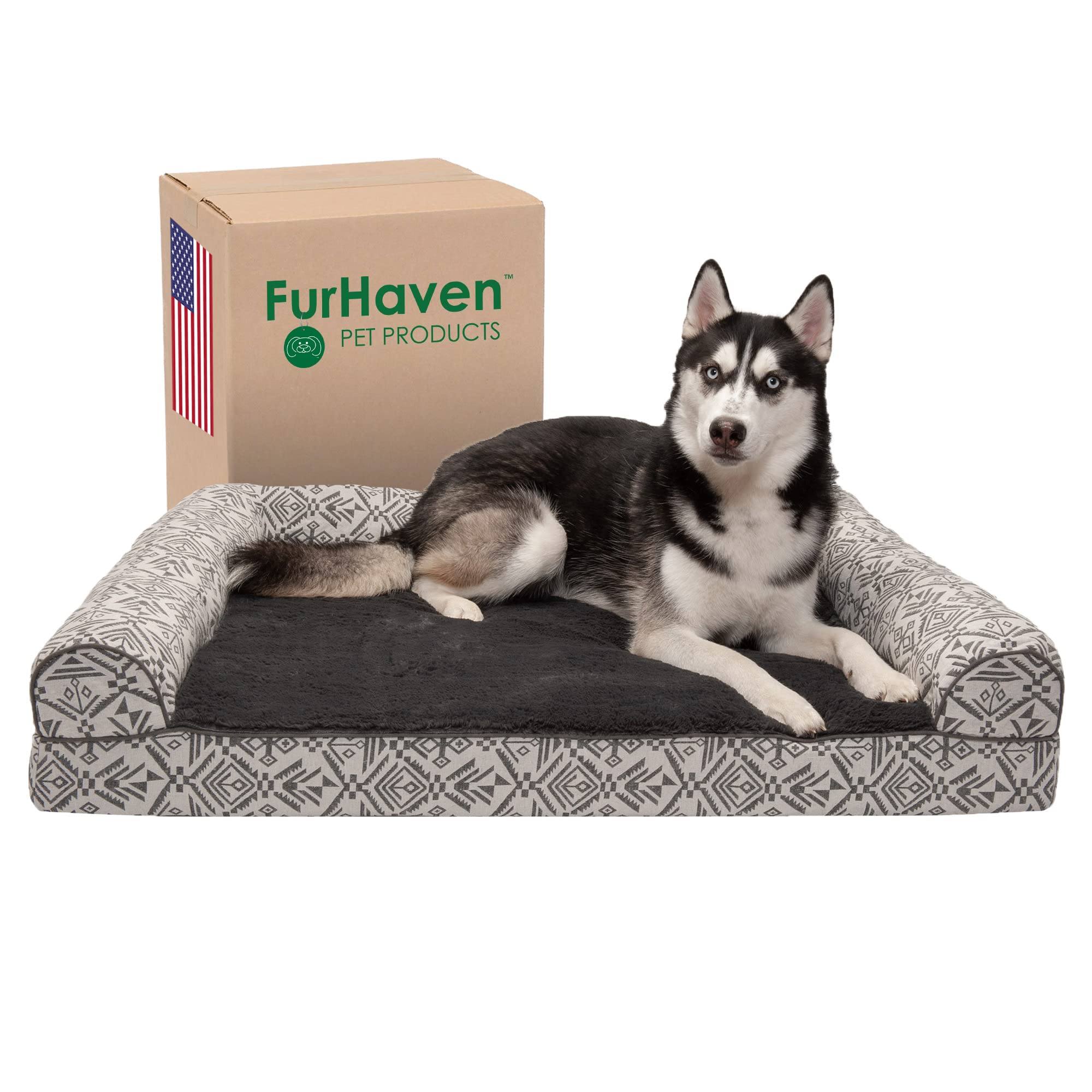 Furhaven Orthopedic Dog Bed For Large Dogs W/ Removable Bolsters & Washable Cover, For Dogs Up To 95 Lbs - Plush & Southwest Kilim Woven Decor Sofa - Boulder Gray, Jumbo/Xl
