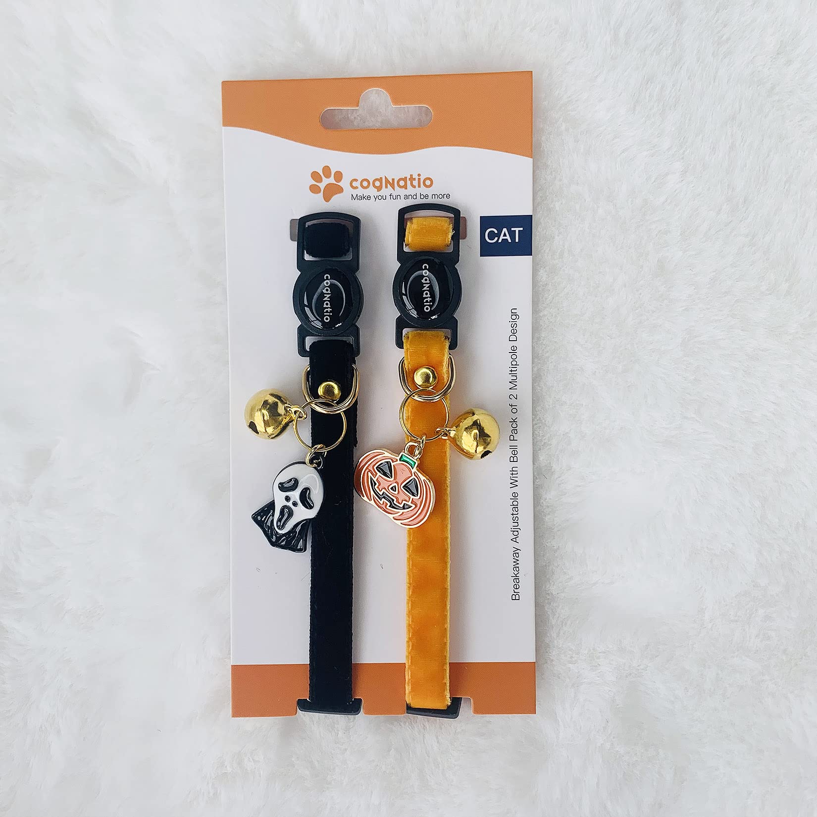Cognatio Safety Quick Release Cat Collars,Double Velvet With Bell Available In A Range Colors,Perfect For Your Kitty, Adjustable 20-30 Cm (20-30Cm, Halloween Set)