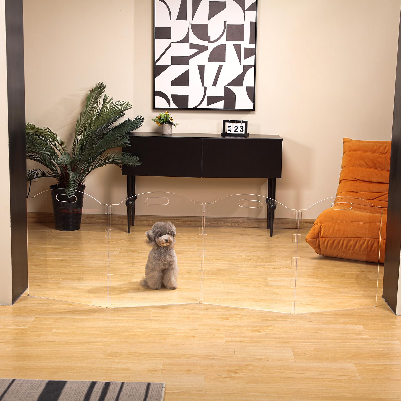 Clear Acrylic Freestanding Dog Gates for The House - Folding 4-Panel Pet Gates for Doorways, Stairs, and Rooms, Transparent Indo