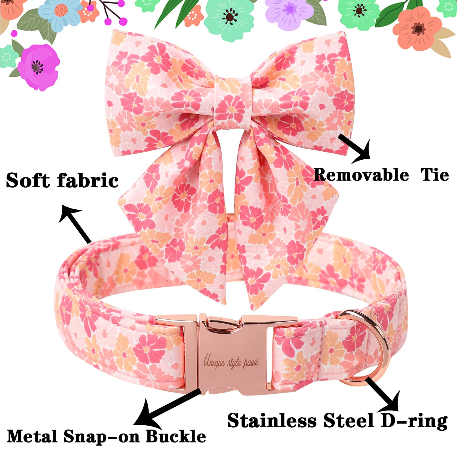 Unique Style Paws Cartoon Dog Collar With Bowtie Spring Summer Puppy Collar With Flower For Small Medium Large Boys Girls Dogs
