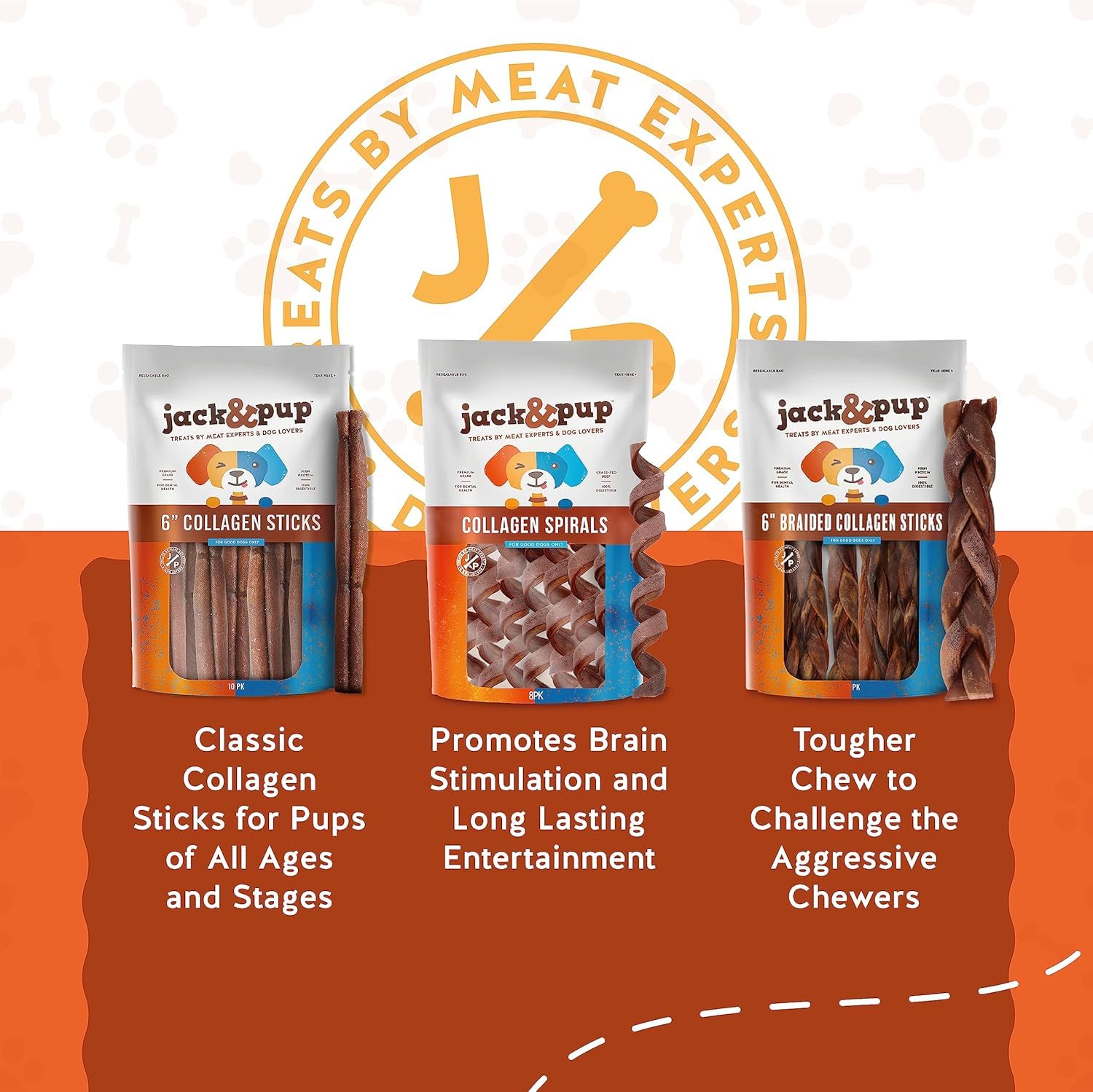 Jack&Pup 12 Beef Collagen Sticks for Dogs | Rawhide Free Dog Chews Long Lasting | Single Ingredient Healthy Dog Treats for Mediu