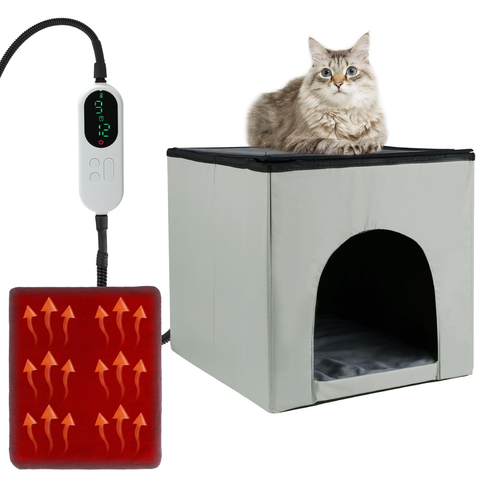 Foldable Waterproof Timing Heated Houses For Indoor Outdoor Cats With Heated Mat, Outside Heated Bed Kitty Shelter (Modern-Upgra
