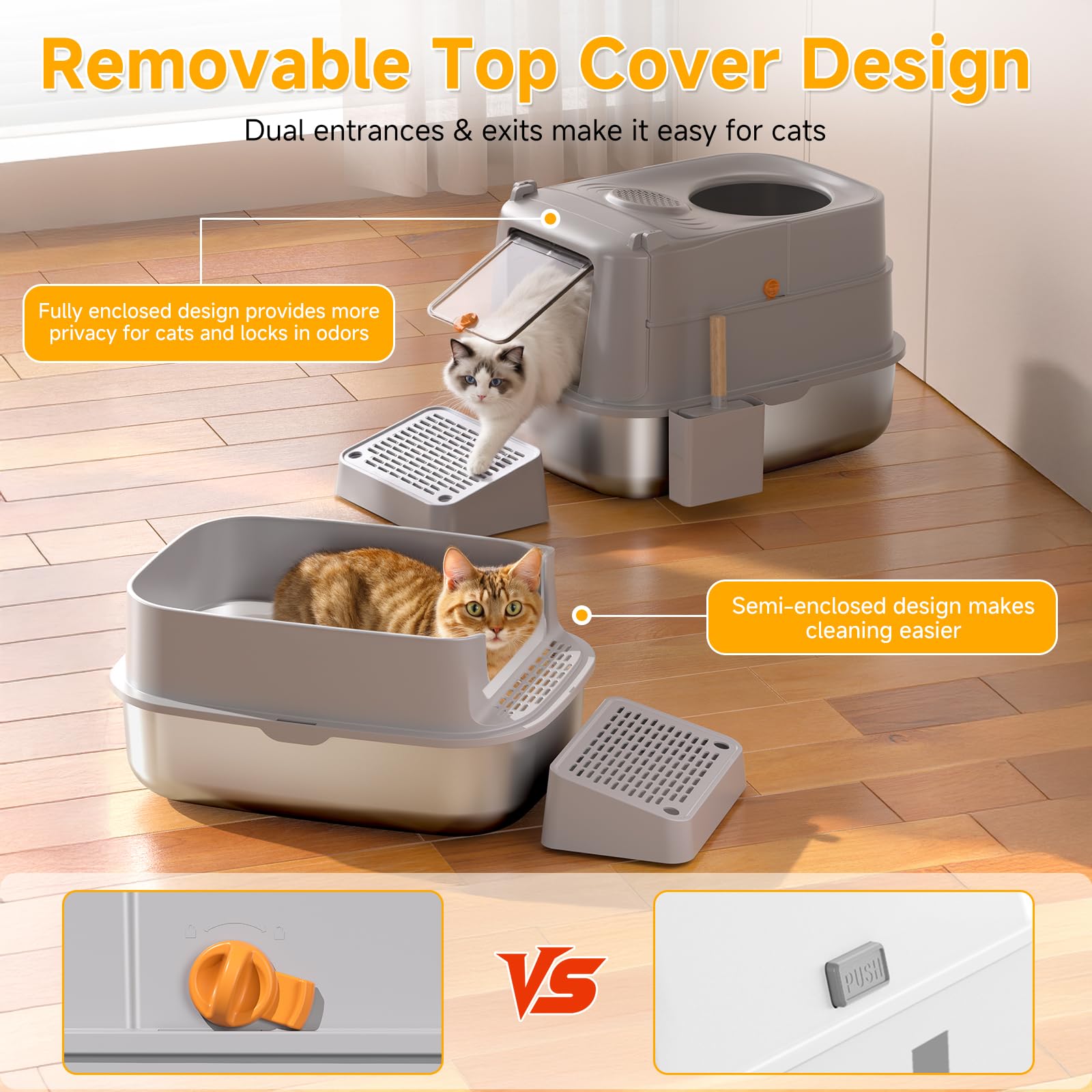 PIRAIL XL Grey Stainless Steel Cat Litter Box with Lid, Enclosed Top Entry, Non-Sticky, Anti-Leakage, High Sided & Scoop