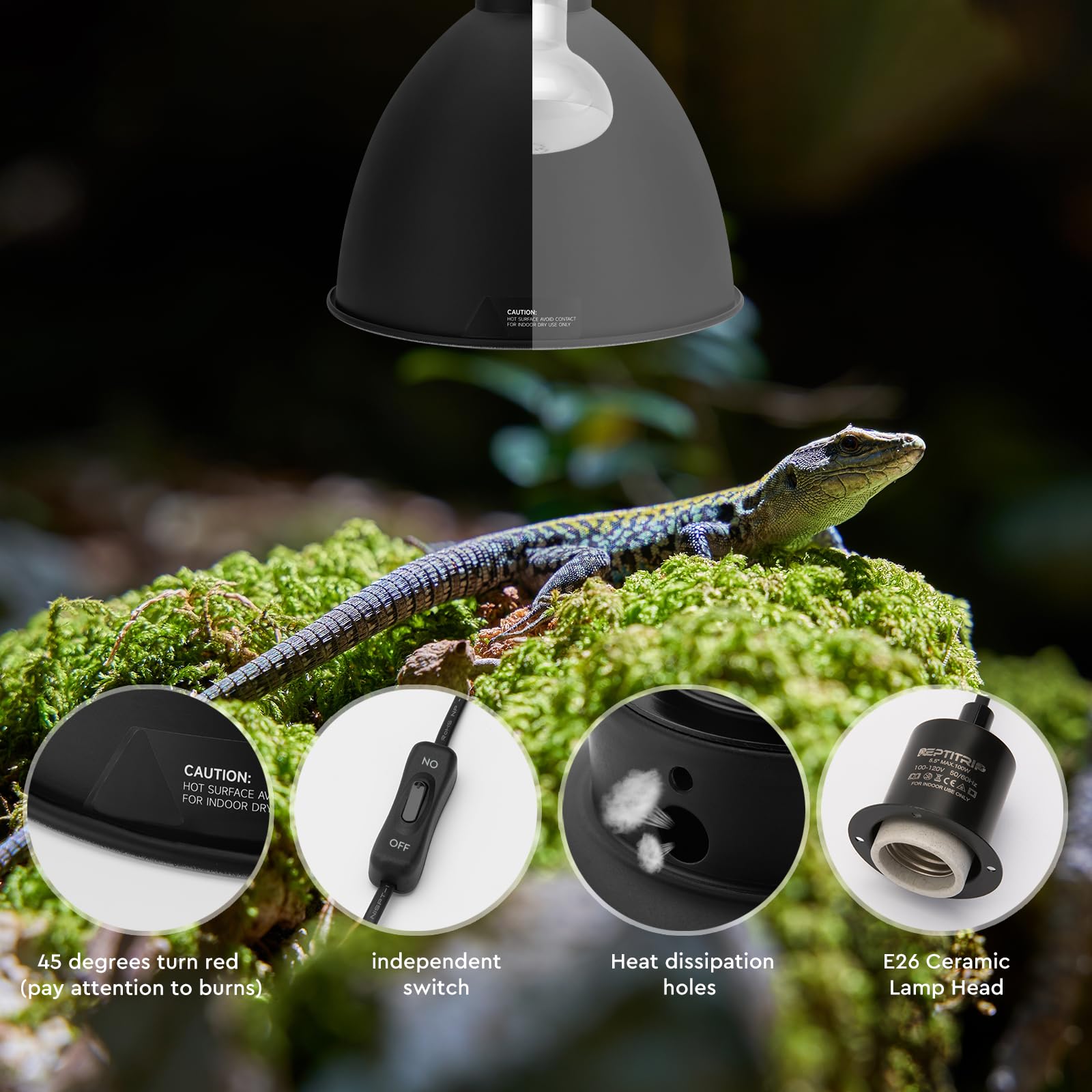Reptitrip Deep Dome Reptile Light Fixture 8.5'', Reptile Heat Lamp Max 200W, Reptile Tank Lighting Fixtures, Fixture For Uvb Rep