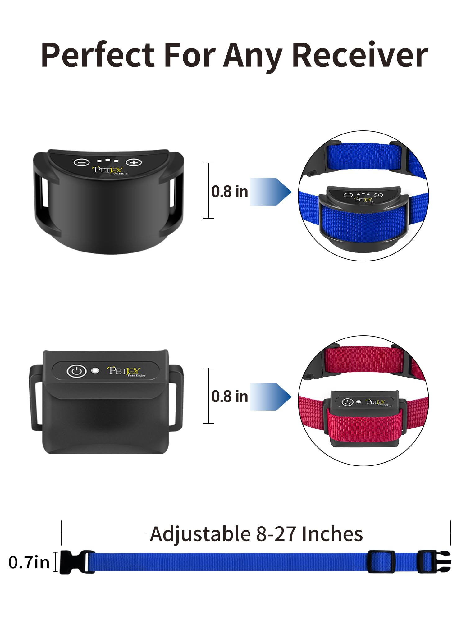 Petjoy Replacement Collar Strap For Bark And Shock Collars, 8-27 Inches Adjustable E-Collar (2-Pack Blue & Red)