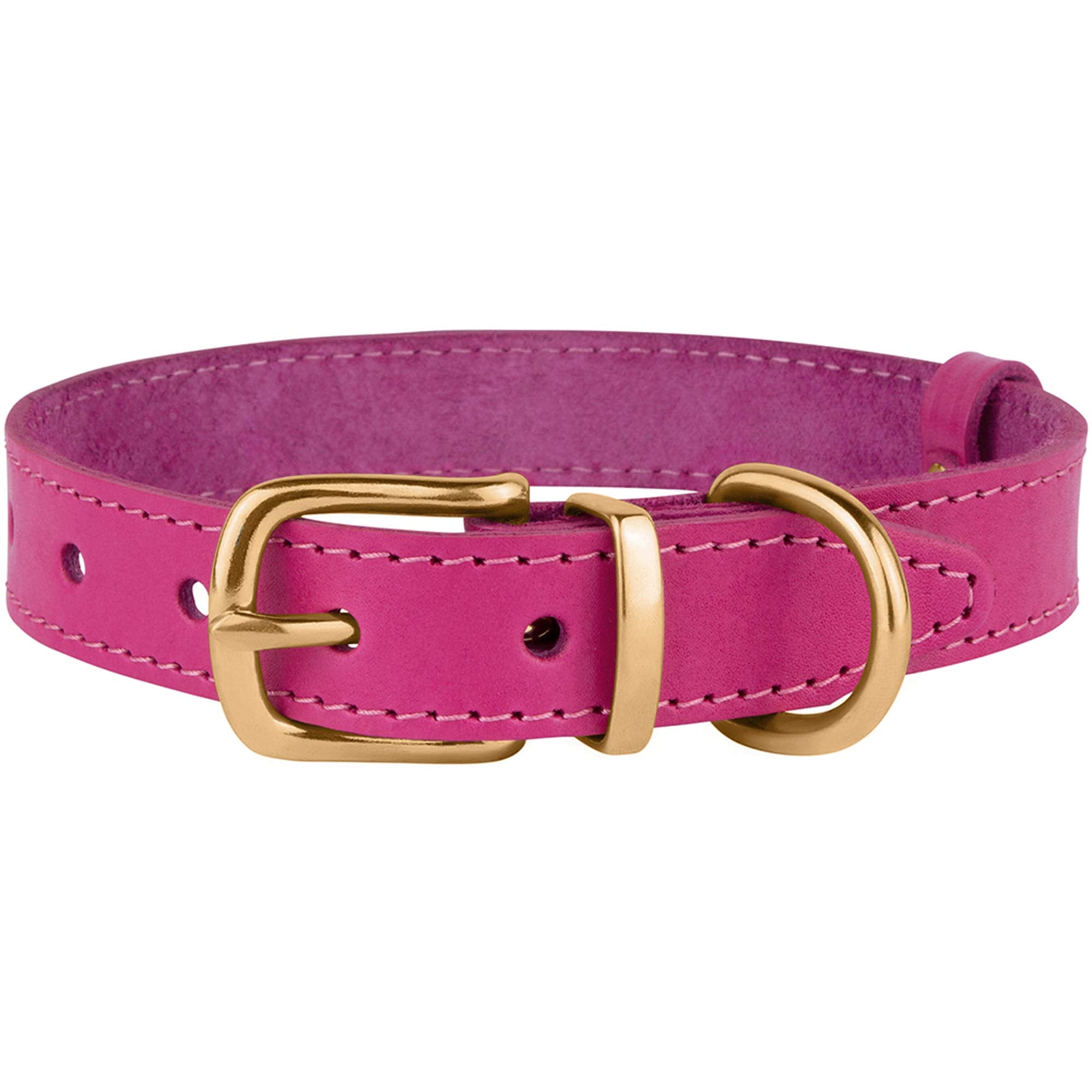 Bronzedog Leather Dog Collar With Metal Buckle Durable Basic Pet Collars For Small Medium Large Dogs (14-17 Inch (Pack Of 1), Pink & Gold Buckle)