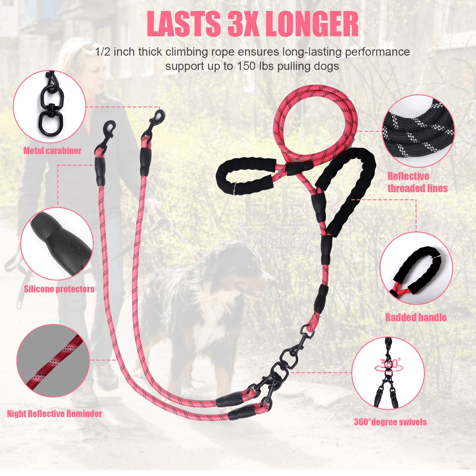 Exceptional 360 Anti-Tangle & No Pull Dog Leash - 5 Handle & Reflective For Safety & Convenience, Suitable For Small & Medium Do