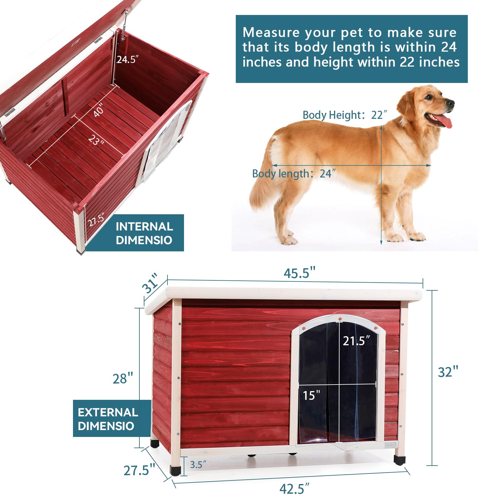 Petsfit Extra Large Dog House, Outdoor Wooden Dog House For Large Dogs, Red, 45.6'L X 31'W X 32'H