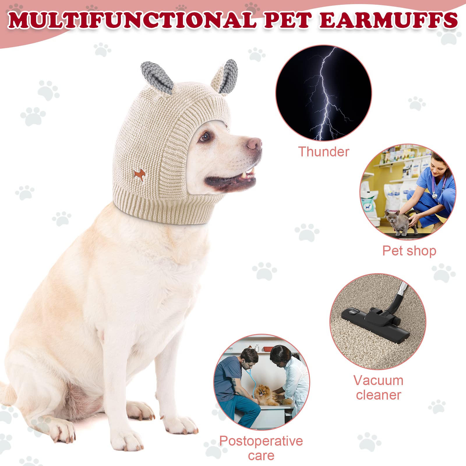 Quiet Ears For Dogs, Dog Ear Muffs Noise Protection Knitted Pet Ears Snood Head Wrap Hats For Medium To Large Cats Pets(Beige)