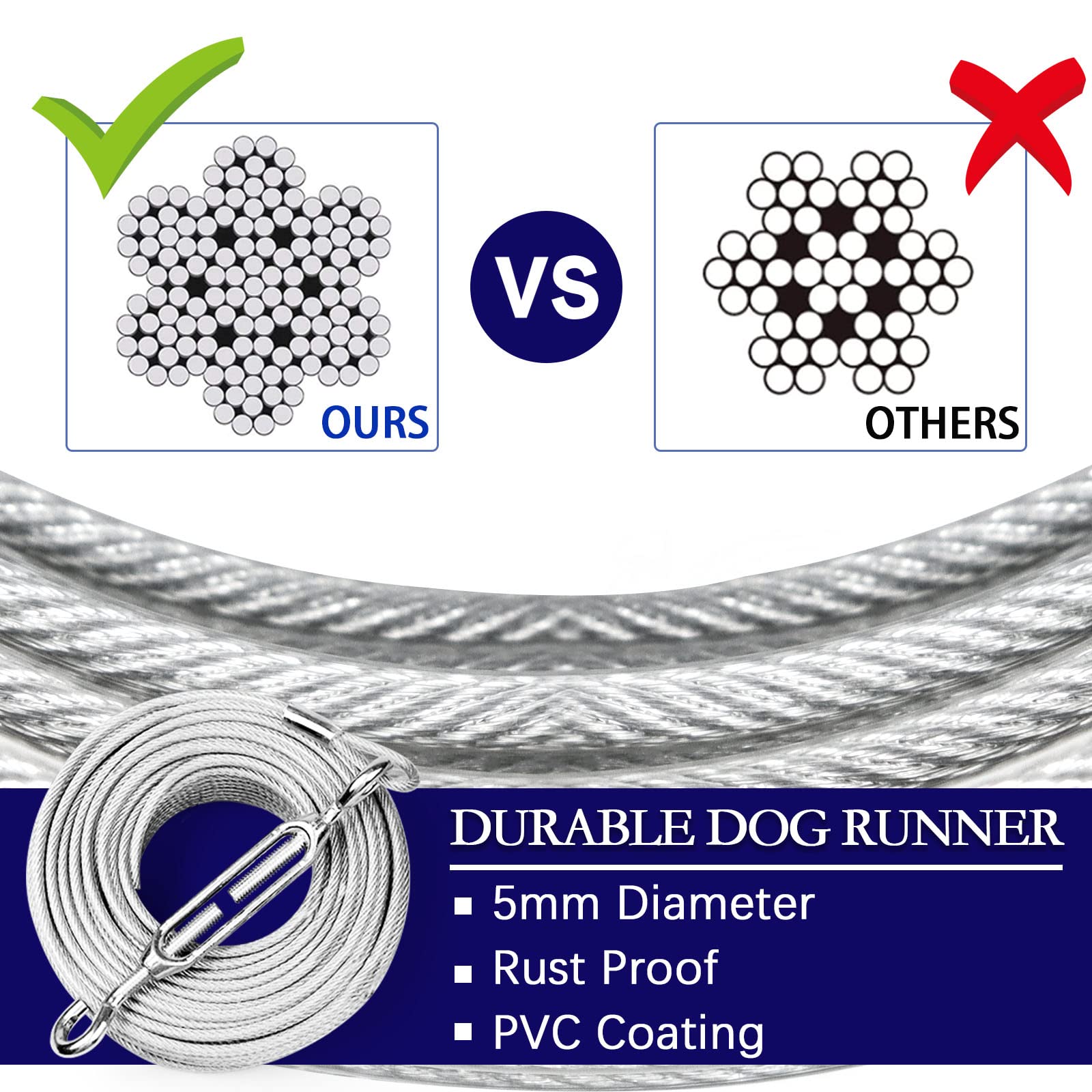 Snagle Paw Dog Tie Out Runner - Heavy Duty 120ft Cable with 10ft Pulley, for Large Dogs Up to 250lbs, Silver Trolley System for Yard