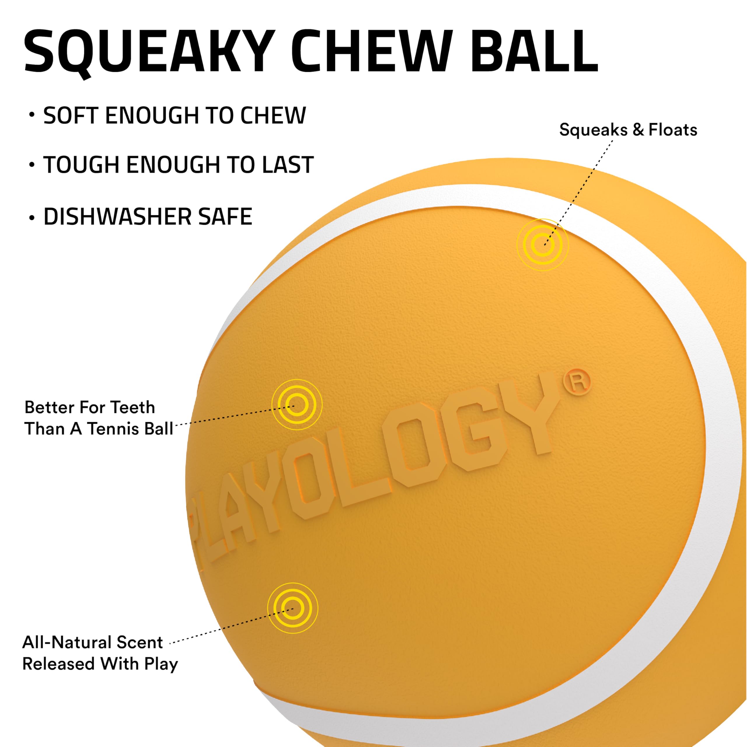 Playology Squeaky Chew Ball - Durable Floating Fetch Toy, Small, Orange, Non-Toxic Rubber, 3-Pack, Cheddar Cheese Scented