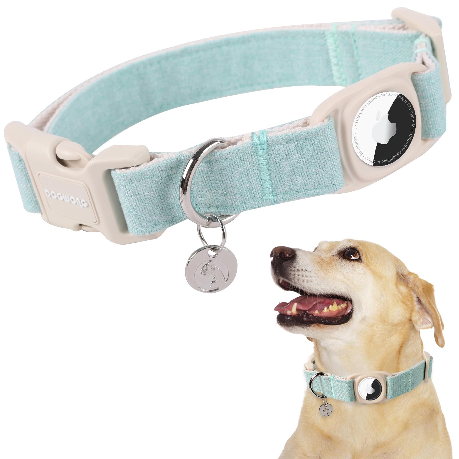 Dogwong Airtag Cotton Hemp Dog Collar, Heavy-Duty With Airtag Holder For Small, Medium, Large Dogs In New Lake Green