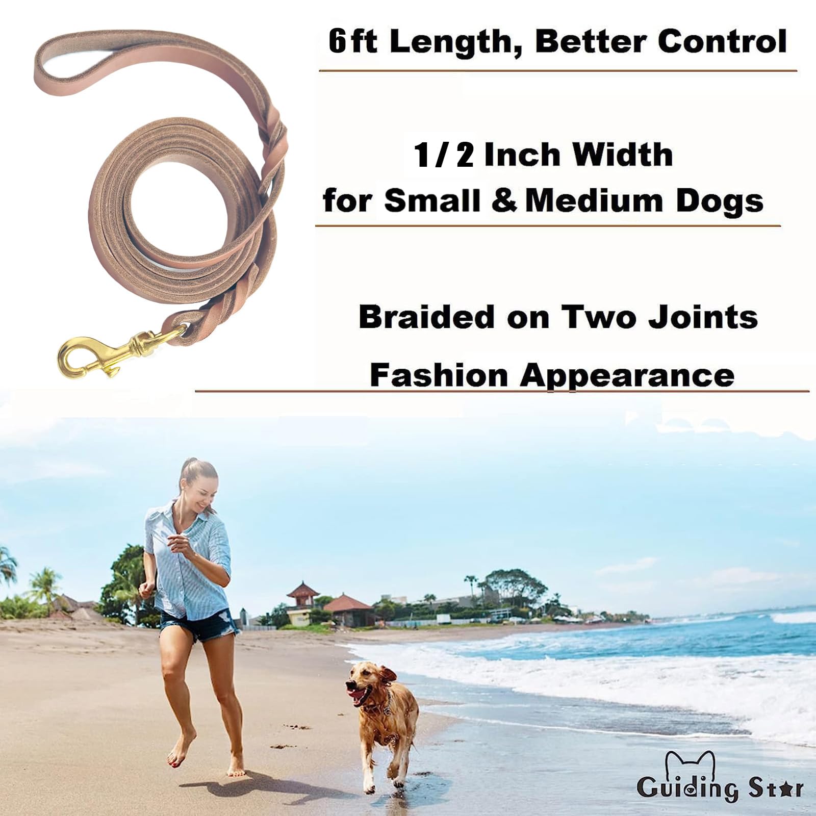 Guiding Star Leather Dog Leash - 6ft Heavy Duty, Soft Braided Handmade Leather Training Leash for Large & Medium Dogs (6ft x 1/2