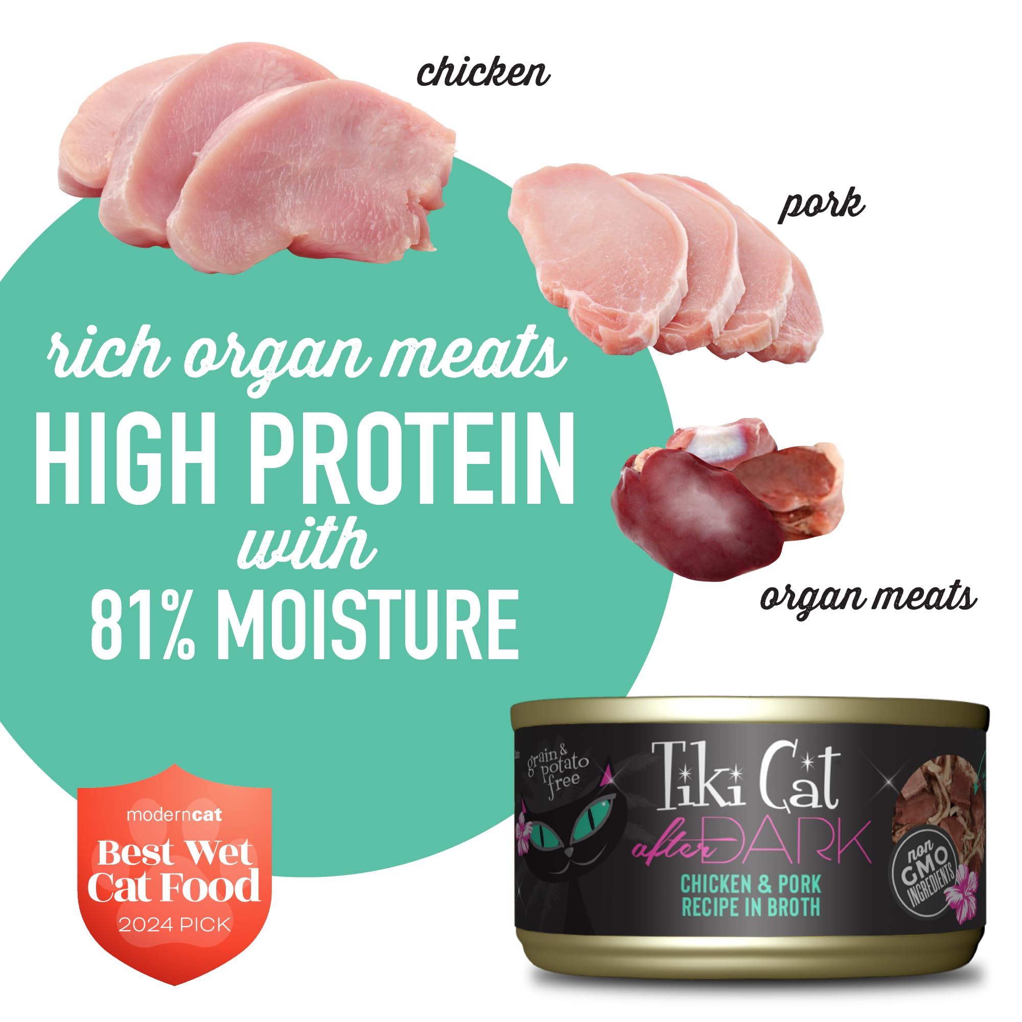 Tiki Cat After Dark, Chicken & Pork, High-Protein and 100% Non-GMO Ingredients, Wet Cat Food for Adult Cats, 2.8 oz. Cans (Pack