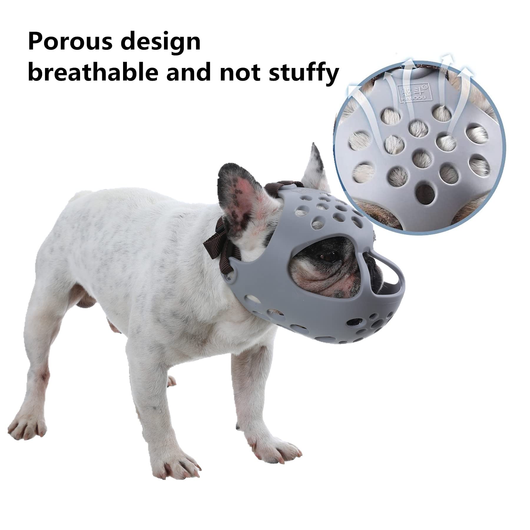 Jyhy Short Snout Dog Muzzles,Soft Silicone Adjustable Breathable Bulldog Muzzle For Biting Chewing Barking Training,Ideal For Flat-Faced Dogs (Medium/13-15'(Pack Of 1), Grey)