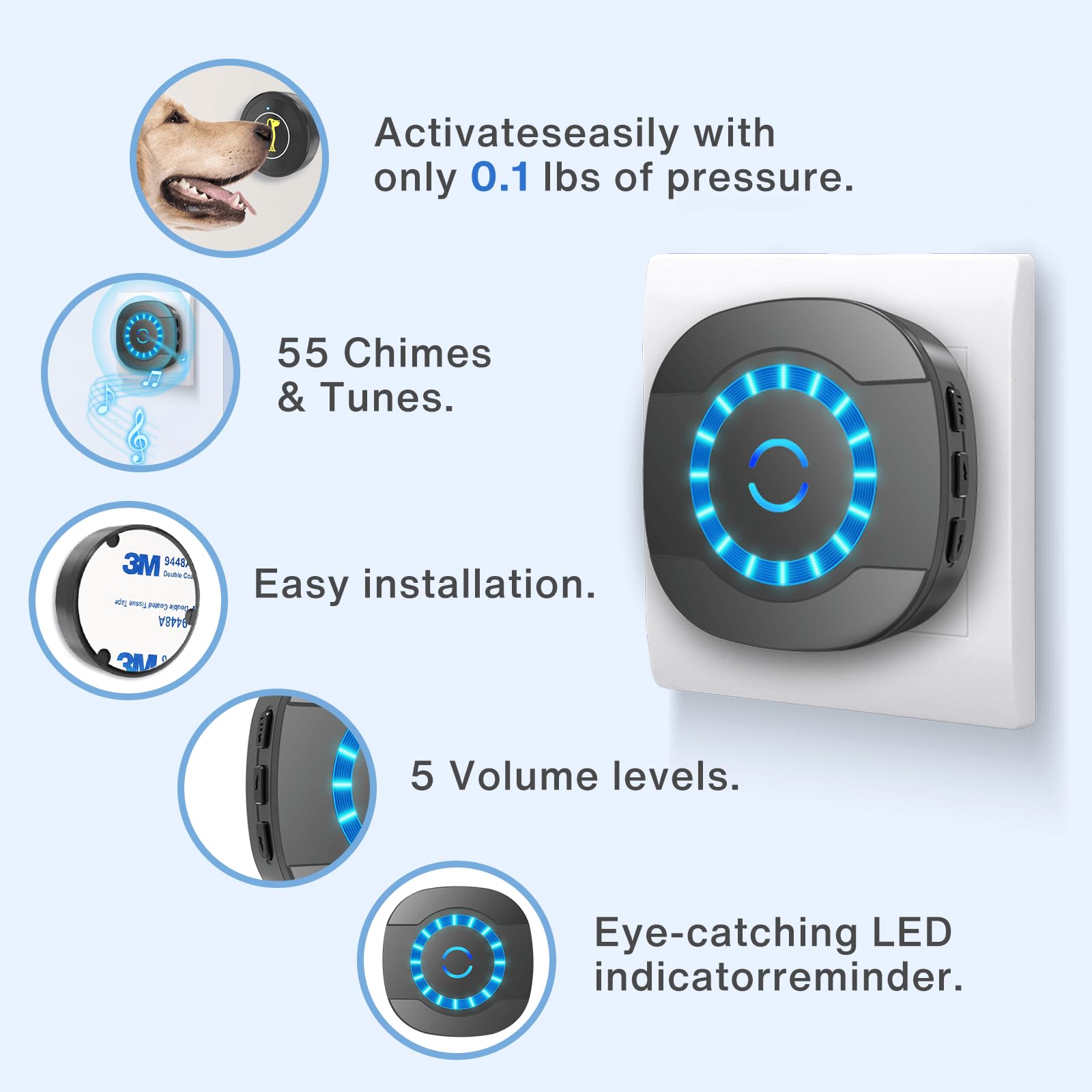 Lalolee Dog Bell for Door Potty Training - Waterproof Wireless Doorbell with 55 Melodies, 5 Volume Levels, 2 Receivers, Model DWDAT1-BLK-1