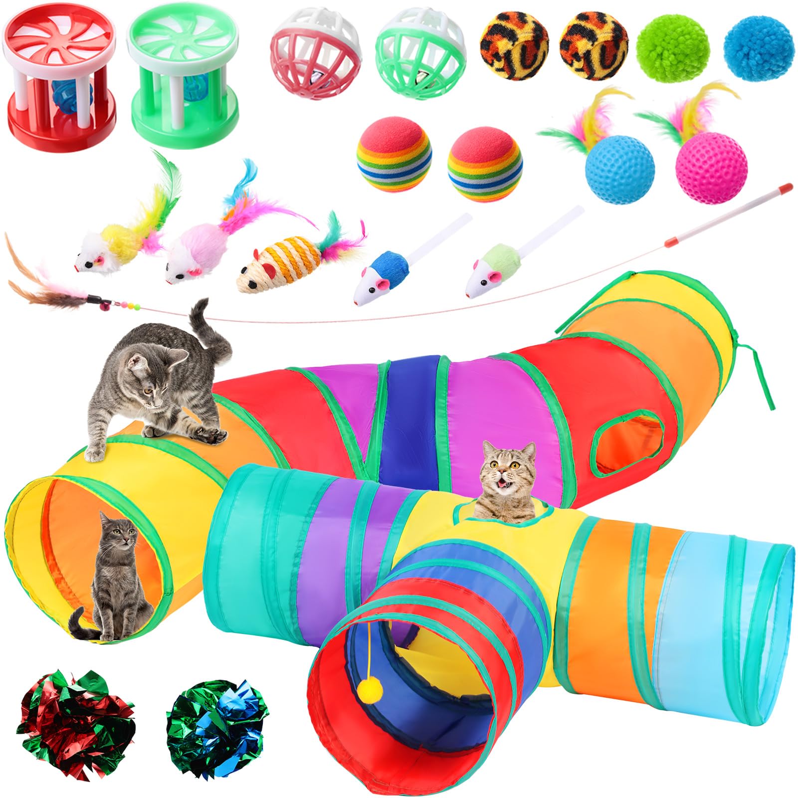 Wettarn 22 Pieces Cat Toys Set, With 2 Collapsible Tunnels For Indoor Cats And 20 Kitten Toys Tubes And Tunnels Interactive Feat