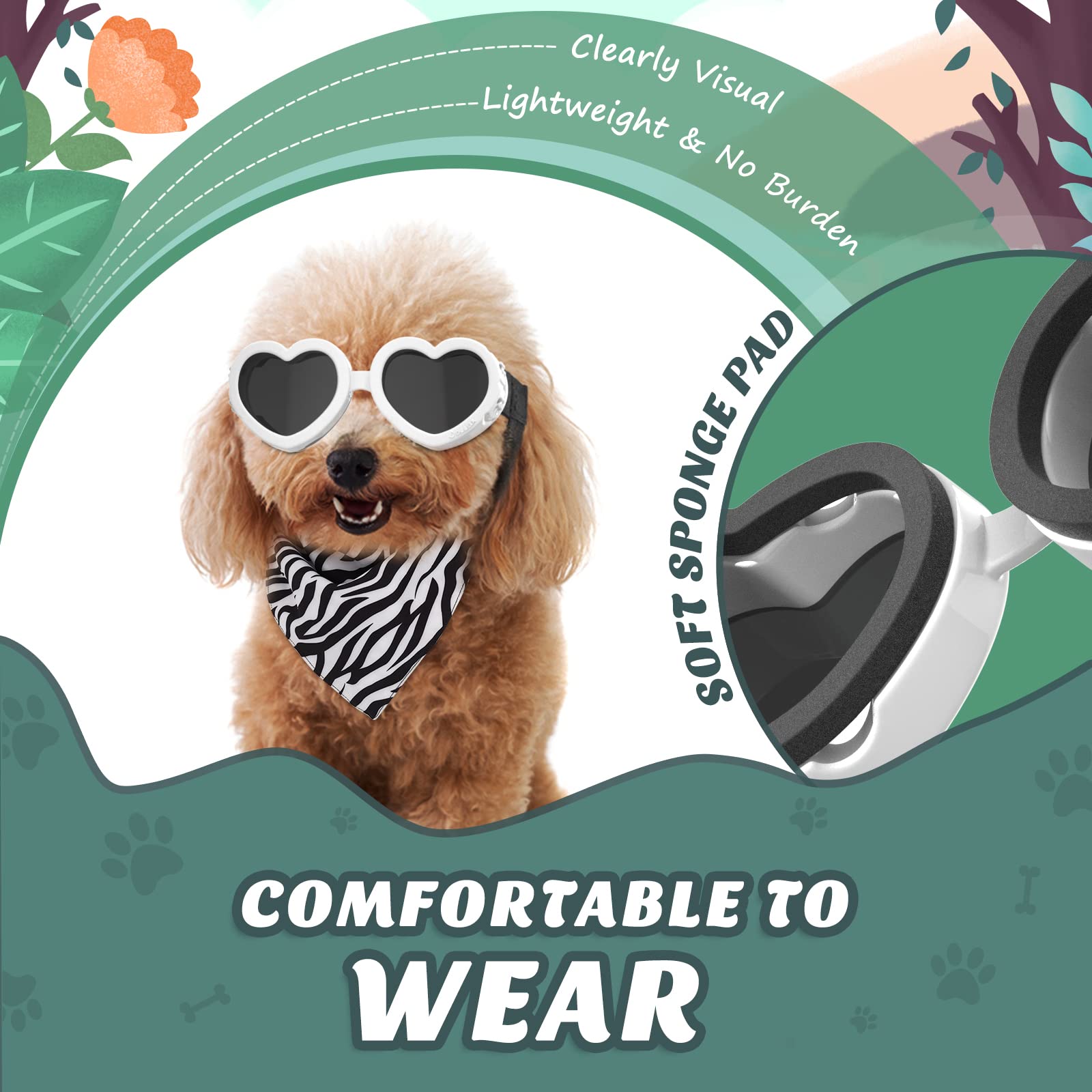 Lewondr Small Dog Sunglasses Uv Protection Goggles Eye Wear Protection With Adjustable Strap Doggy Heart Shape Anti-Fog Sunglasses For Pet Dogs Sun Glasses Doggie Windproof Glasses, White