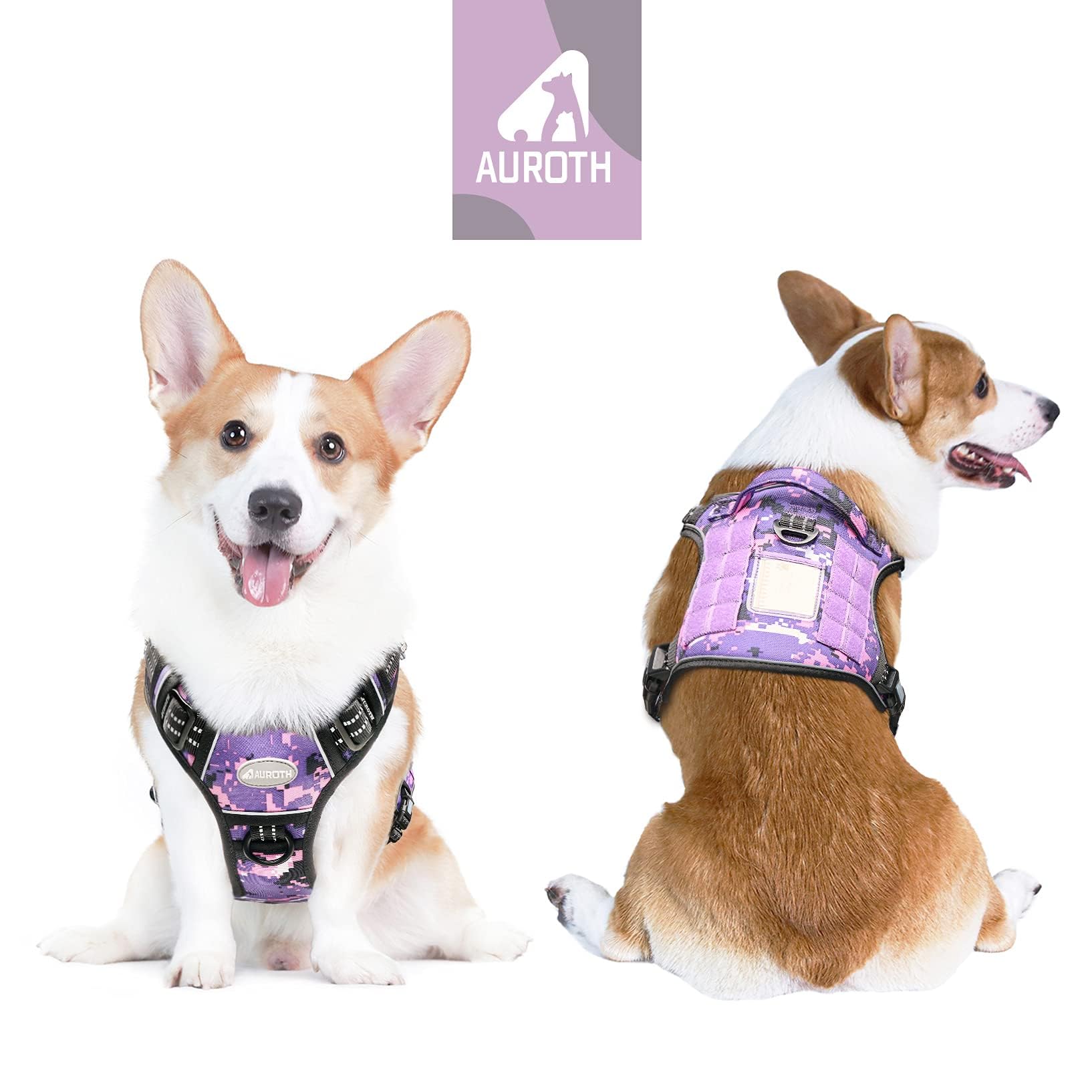 AUROTH Tactical Dog Harness, Adjustable No Pull Vest for Medium Dogs, Purple Camo, Nylon, Model CU29CW177, Neck 16-22", Chest 22-33"