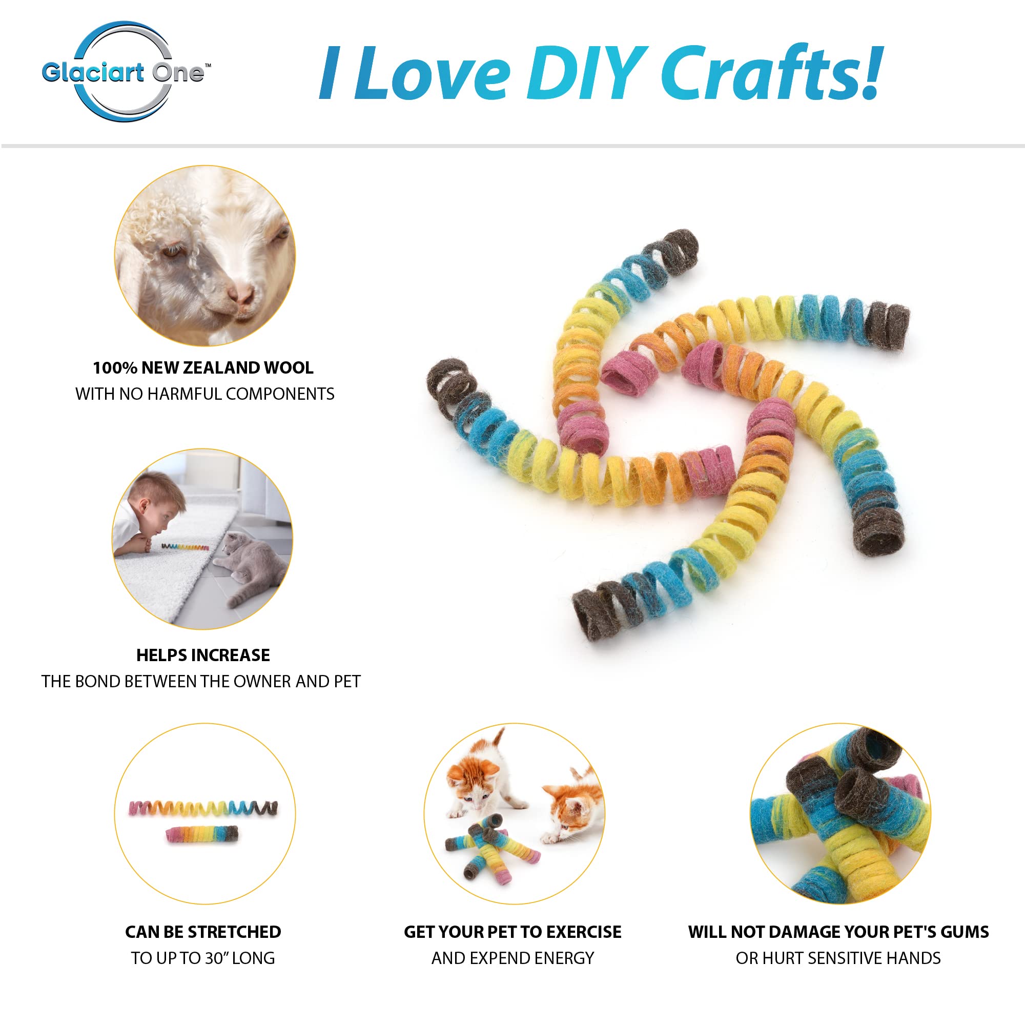 Glaciart One Cat Toy Set - 5 Pcs Soft Wool Interactive Toys - 30” Long, Safe for Pets, Non-AZO Dyes, Spiral Design