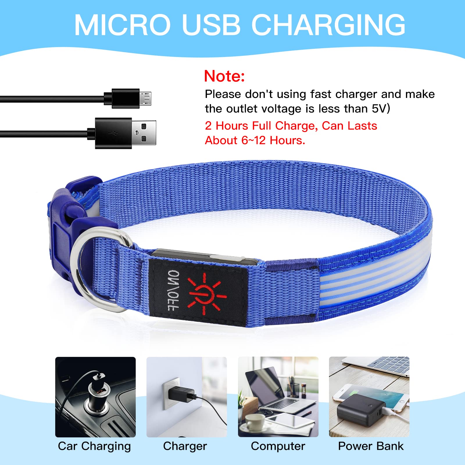 Yfbrite Light Up Dog Collar, Rechargeable Led Dog Collar, Flashing Dog Collar, Adjustable Reflective Dog Collar Safety Glowing A