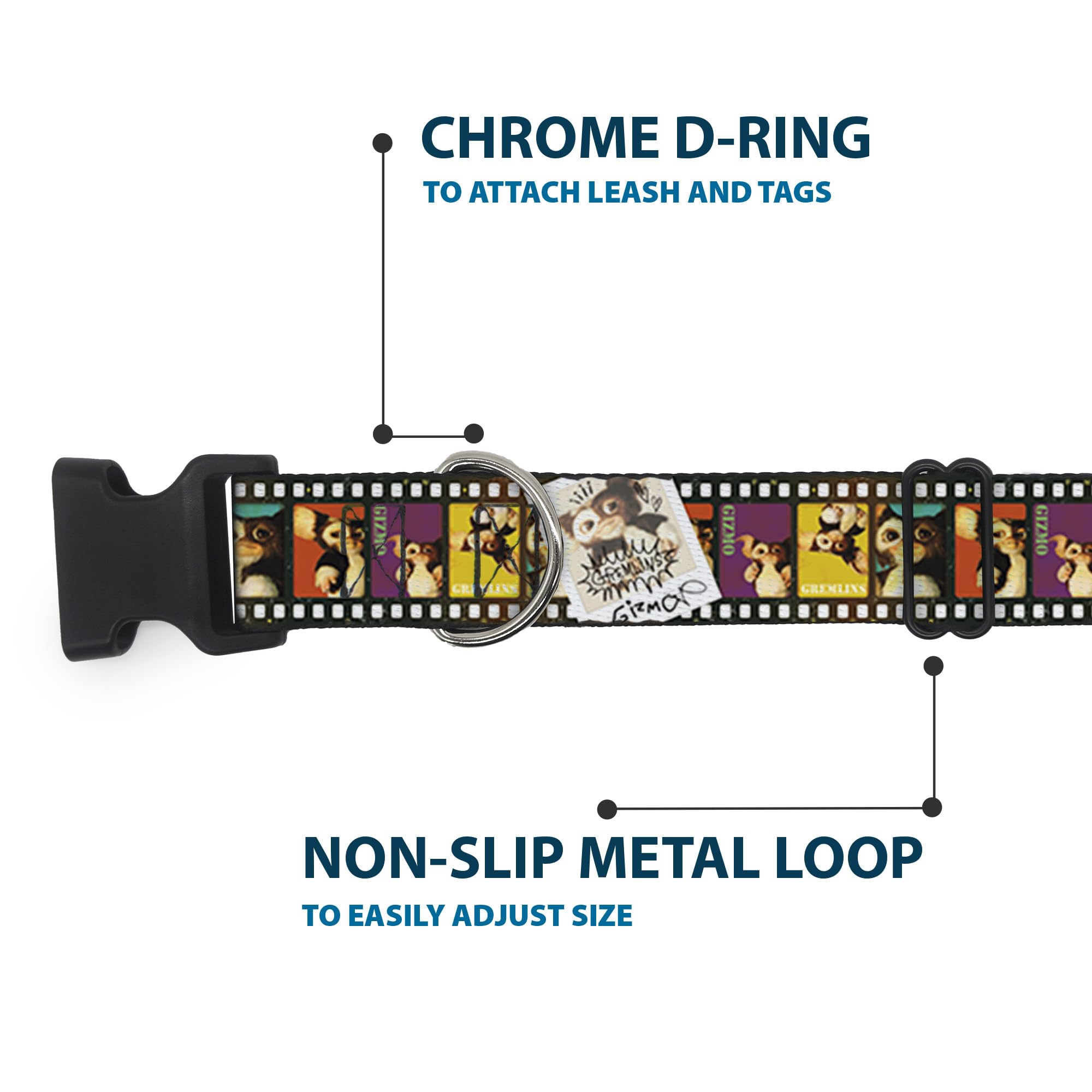 Buckle-Down Dog Collar Plastic Clip Gremlins Gizmo Filmstrip Poses Multi Color 16 To 23 Inches 1.5 Inch Wide
