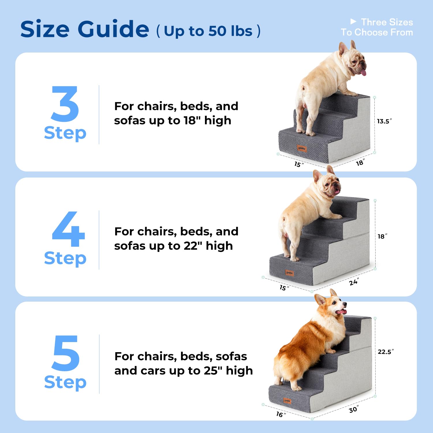 Zomisia Dog Steps For Couch - Pet Stairs For Small Dogs And Cats, Dog Steps With Non-Slip Bottom Grey 3 Steps, Beige