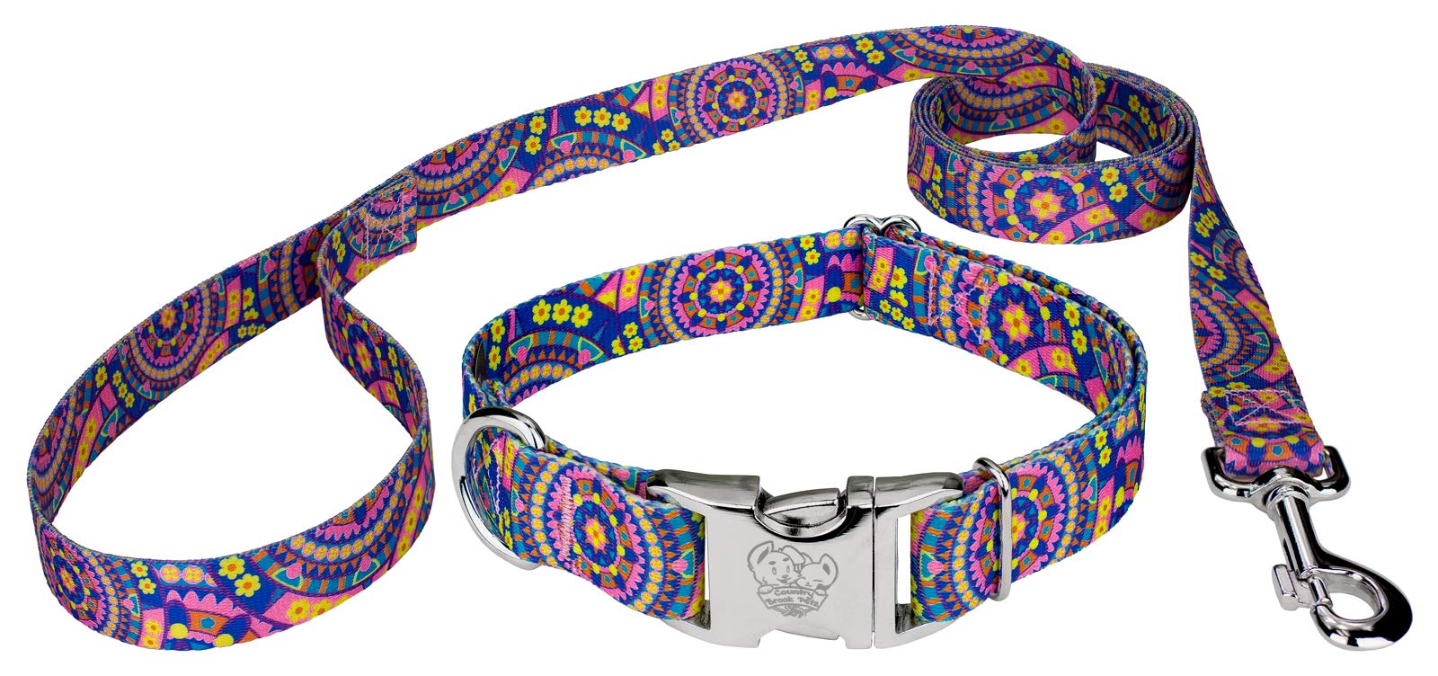 Country Brook Petz - Blue Boho Mandala Premium Dog Collar And Leash Set - Groovy Collection Featuring Far Out Designs (5/8 Inch,
