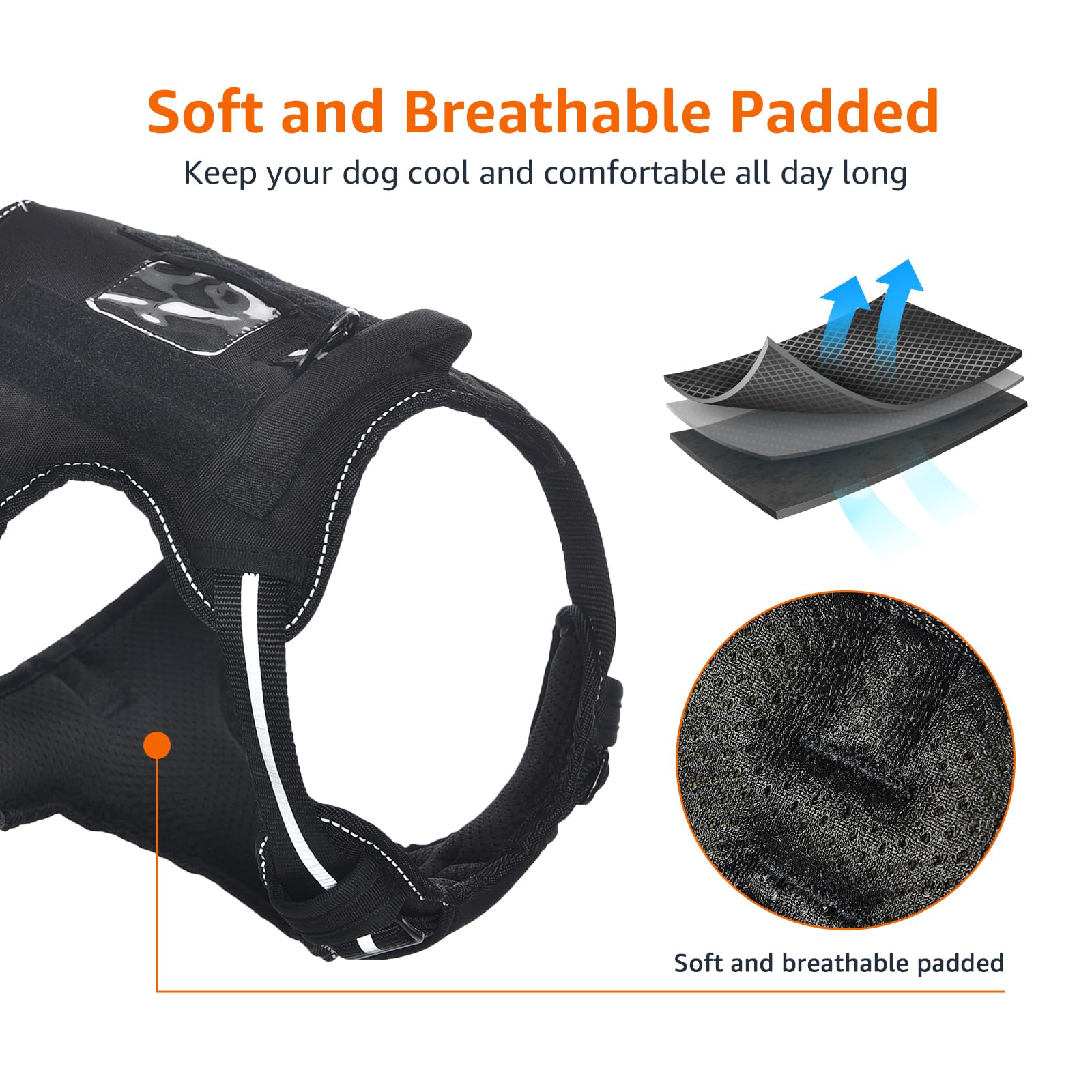 Amazon Basics No Pull Dog Harness, Adjustable Front Clip, Large, Black, Tactical Vest, Polyester Material