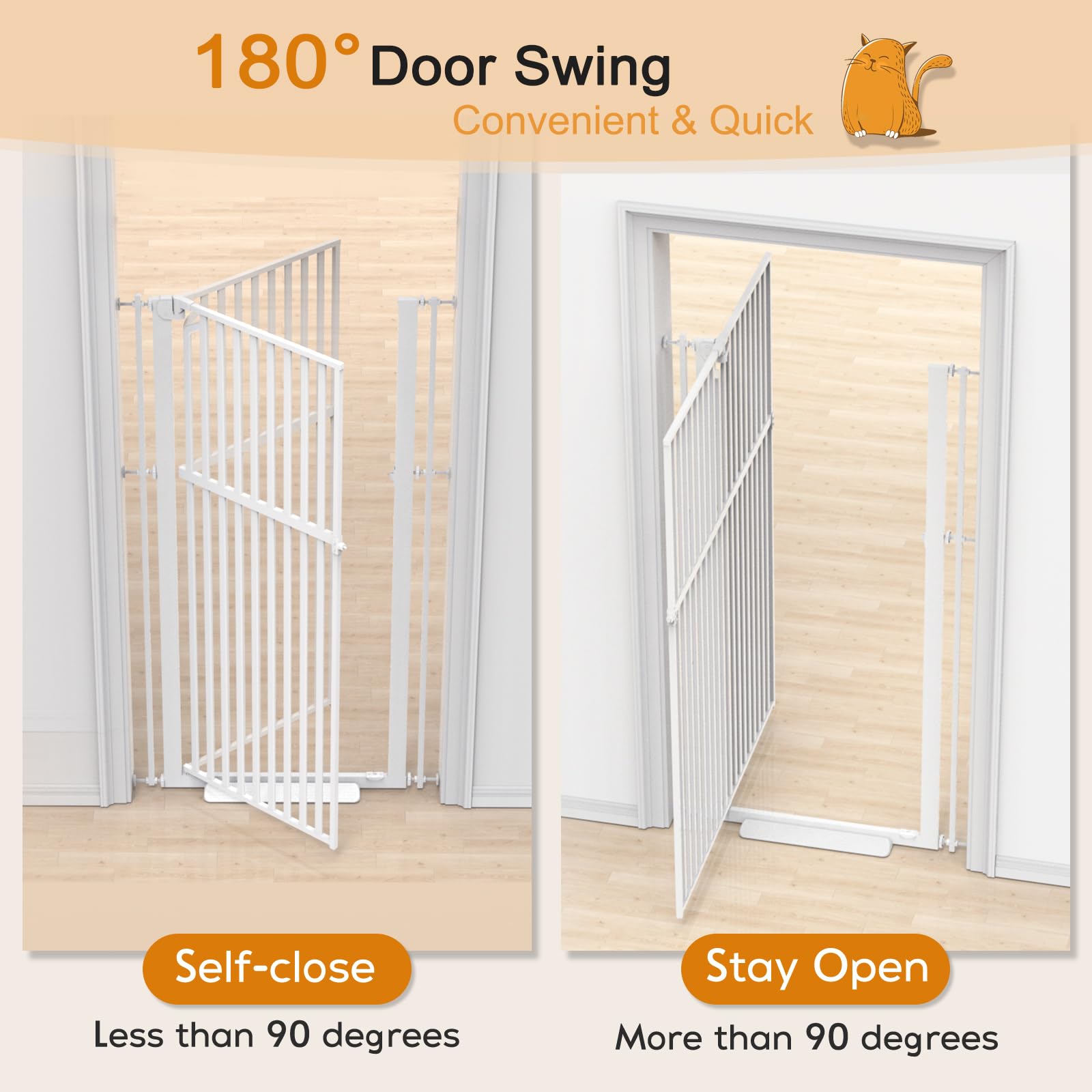 Senneny Extra Tall Cat Gate - Auto Close & One-Hand Open, Fits 33.4”-37.4” Wide, Metal, White, No Drilling Kits Included