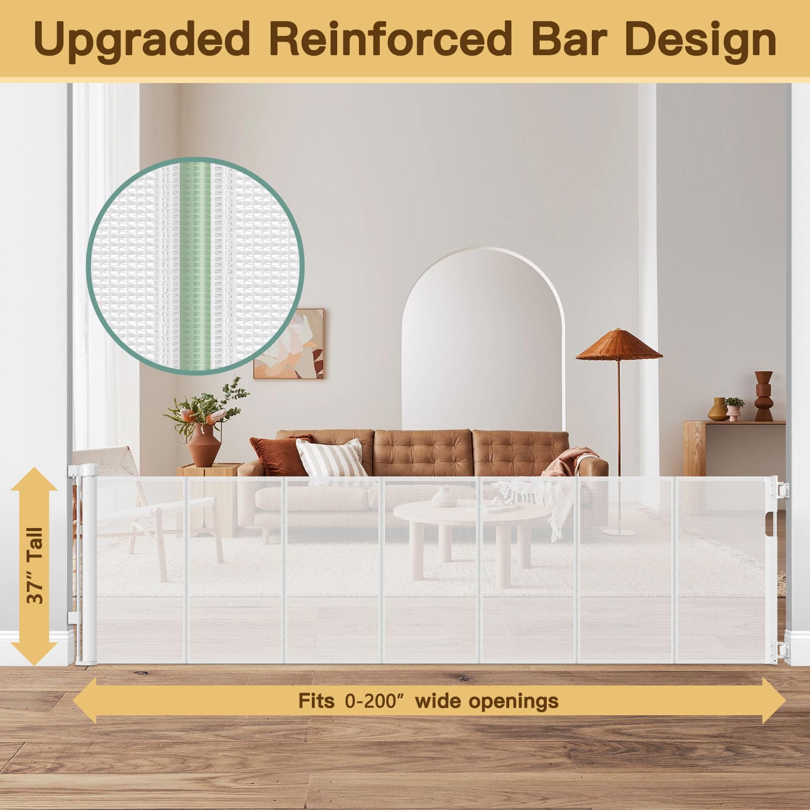 Reinforced 200 Inch Retractable Baby Gates Extra Wide Baby Gate for Large Openings, XL No Sag and Wrinkle Mesh Pet Gates for Wid