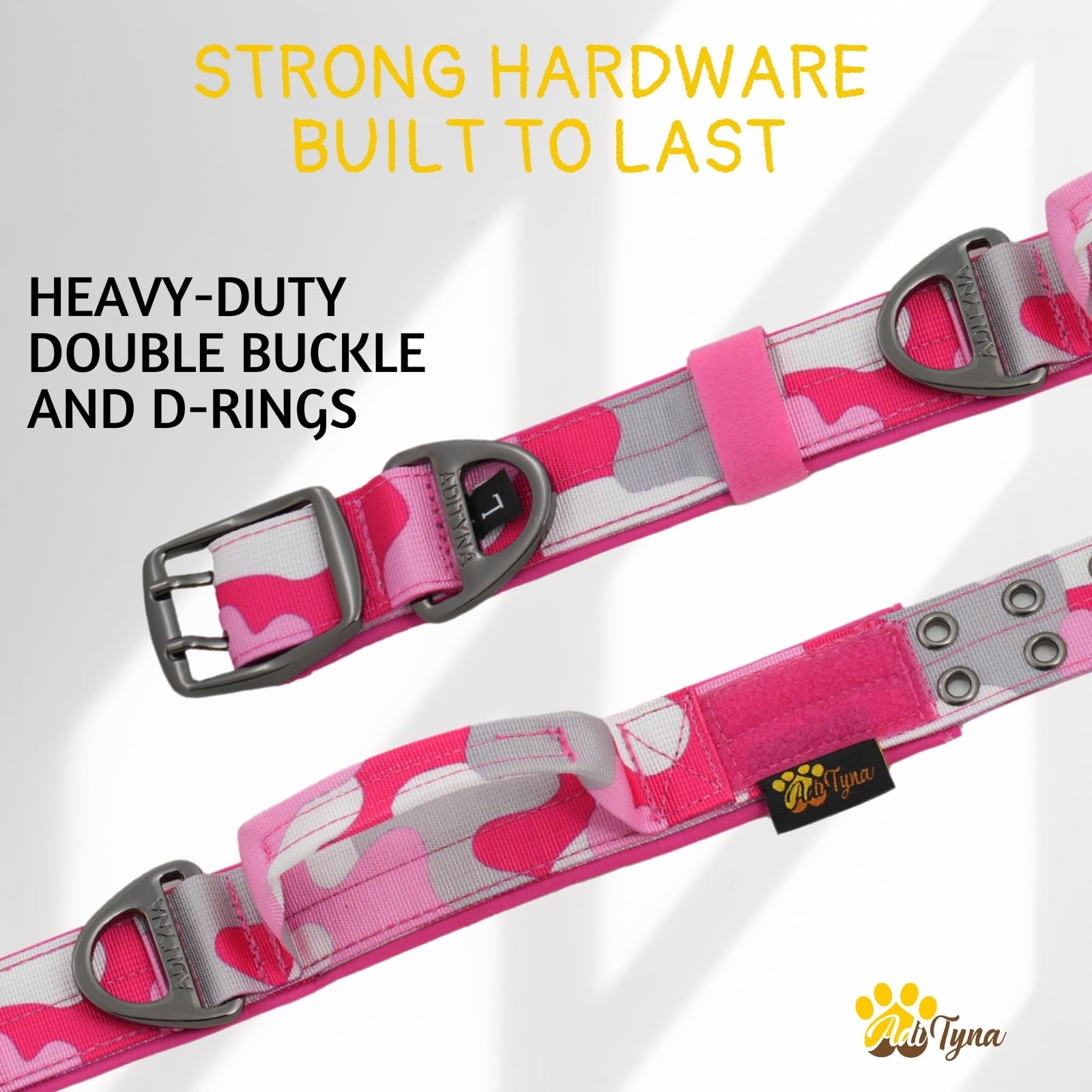 Adityna Heavy Duty Dog Collar For Medium Dogs - Camo Pink Collar With Handle For Training, And Walking - Wide, Thick, Tactical,