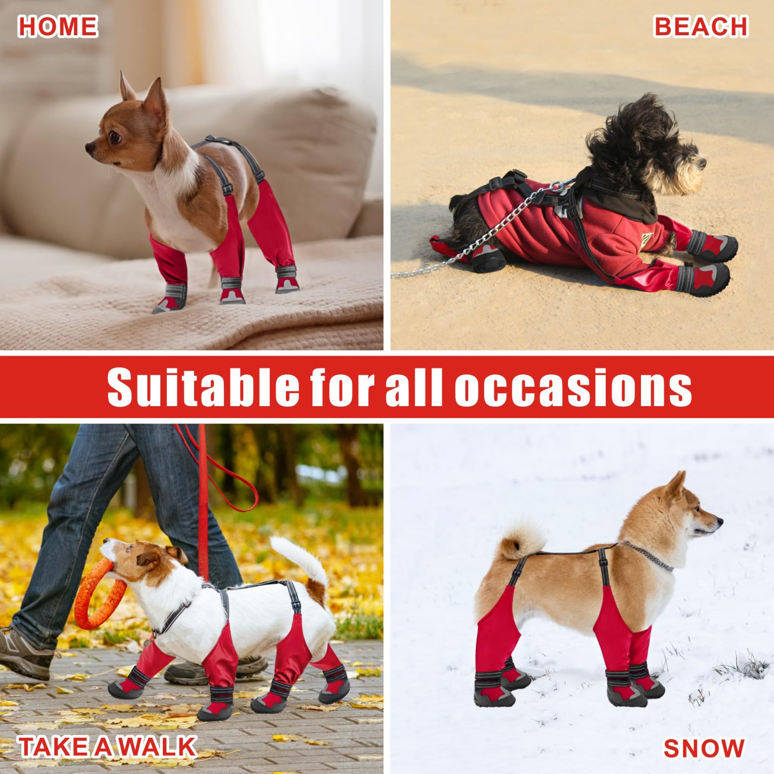 Idepet Dog Suspender Boots, Tall Dog Boots Anti-Slip & Fall Waterproof Dog Shoes Leggings, Adjustable Suspender Boots for Dogs W
