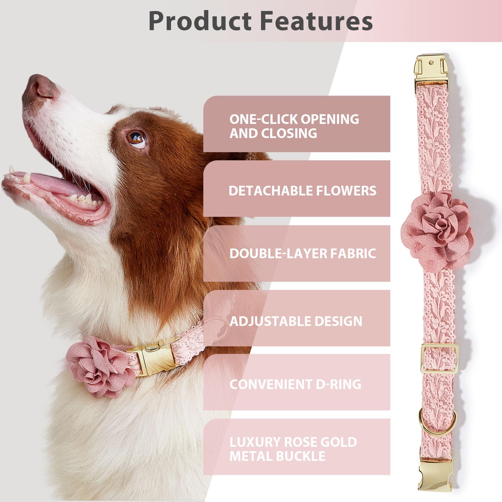 Hqrea Pink Lace Dog Collar And Leash Set For Small Dogs With Detachable Flower Bow, Gold Hardware, Elegant Pet Accessories For F