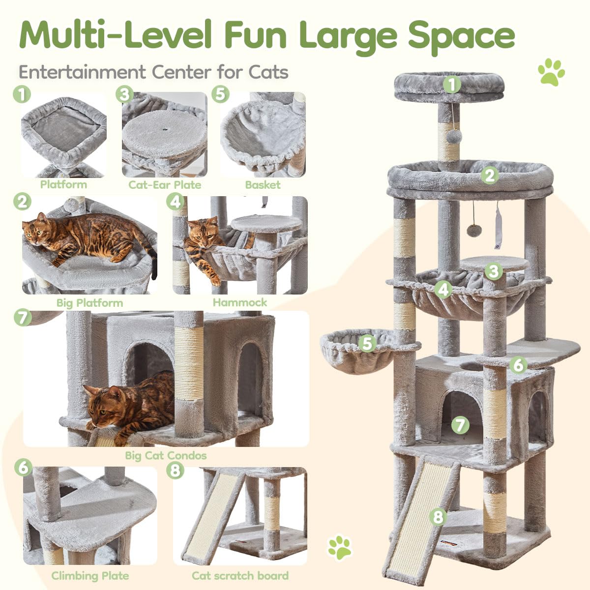 Taoqimiao Cat Tree for Large Cats, 72-Inch Multi-Level Tower, Light Gray, Plush, Model MS045W, with Scratching Posts and Cozy Basket