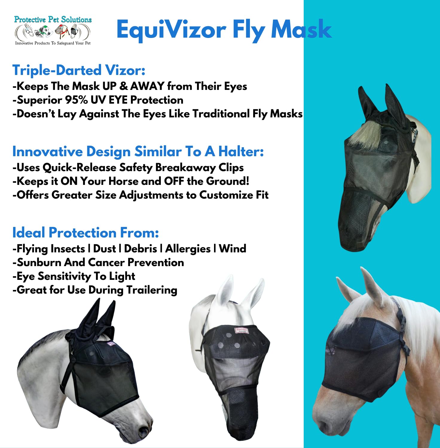 EquiVizor 95% UV Eye Protection (Size Mini) Horse Fly Mask with Ears. Designed to Stay On Your Horse, Off The Ground.