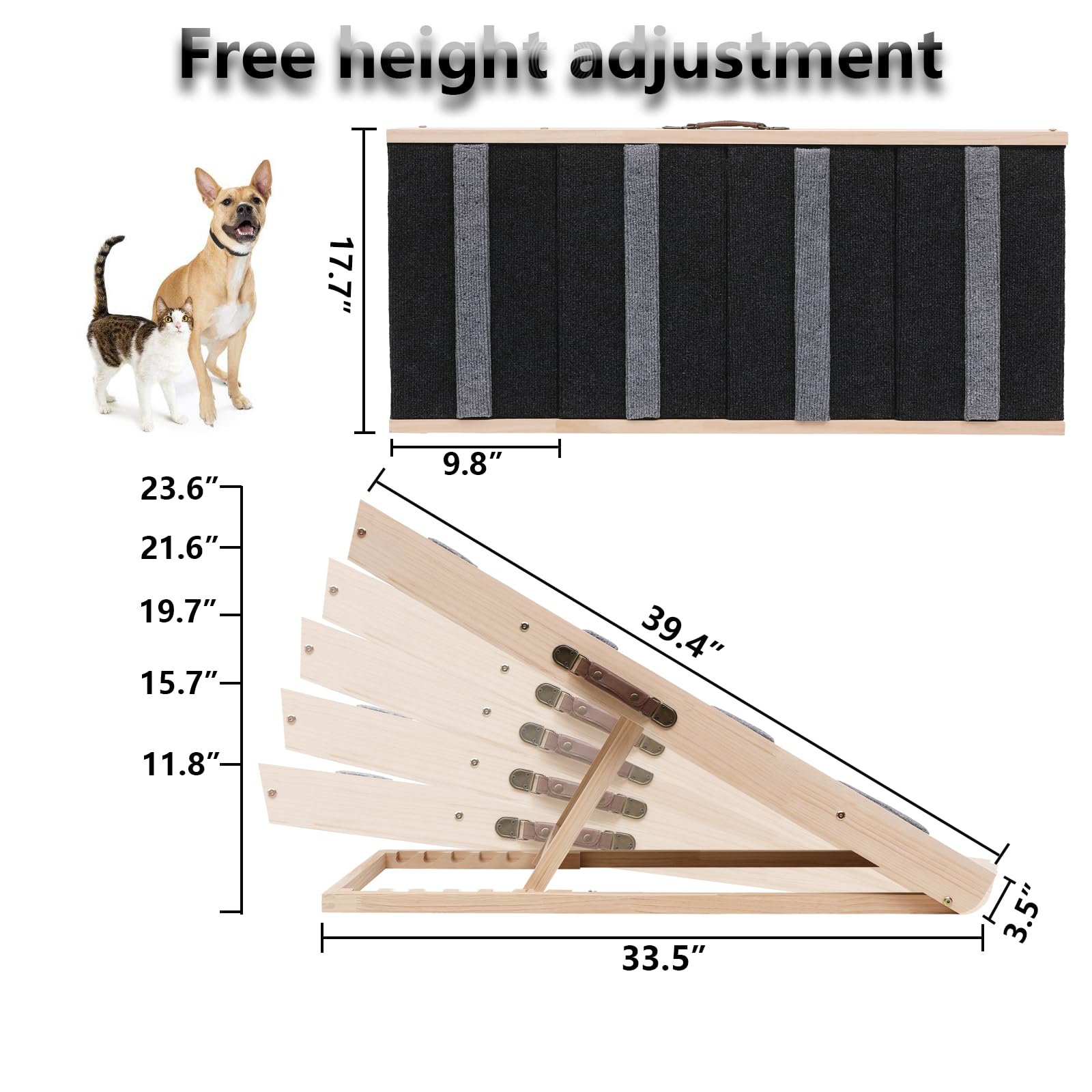 Wotunest 2-in-1 Pet Ramp - Folding Dog Stairs, Adjustable 11.8" to 23.6", Non-Slip Surface, Wood Black, Model DR001