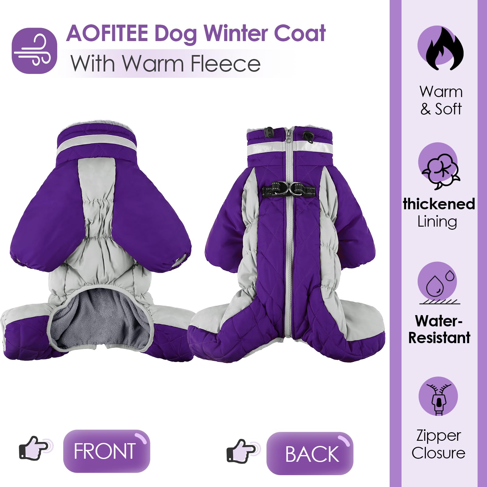 AOFITEE Large Dog Jacket - Warm Winter Coat with Built-in Harness, Reflective Turtleneck, Windproof Snowsuit, Four-Legged Fleece